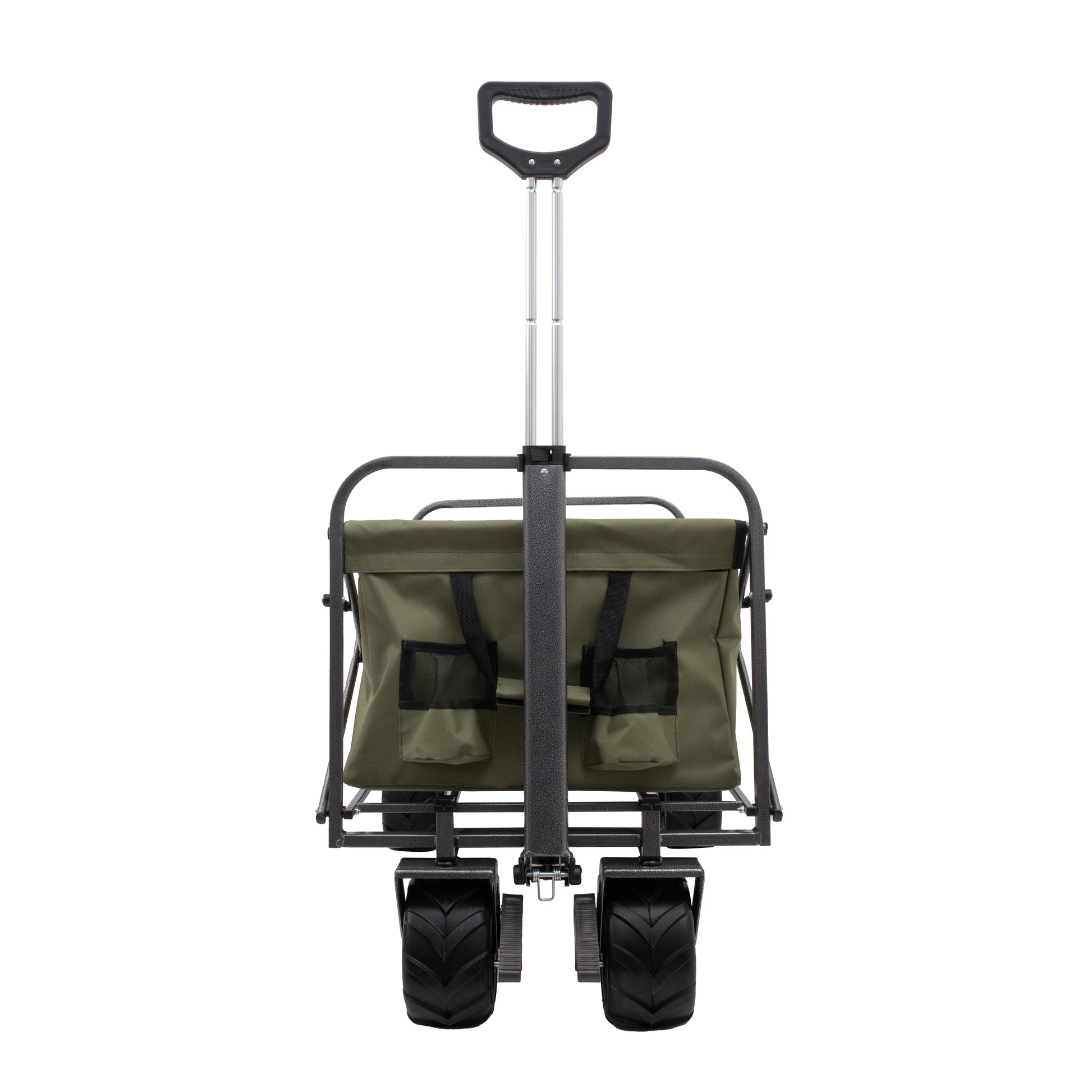 Green canvas folding wagon with large wheels and adjustable handle for easy transport