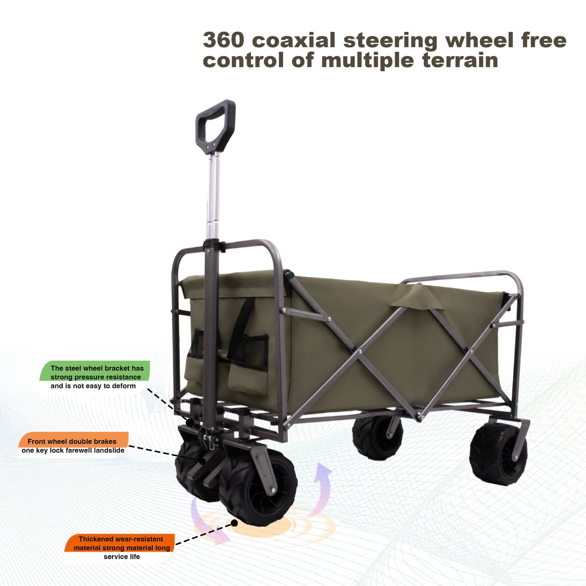 Green collapsible utility wagon with large allterrain wheels and steel frame