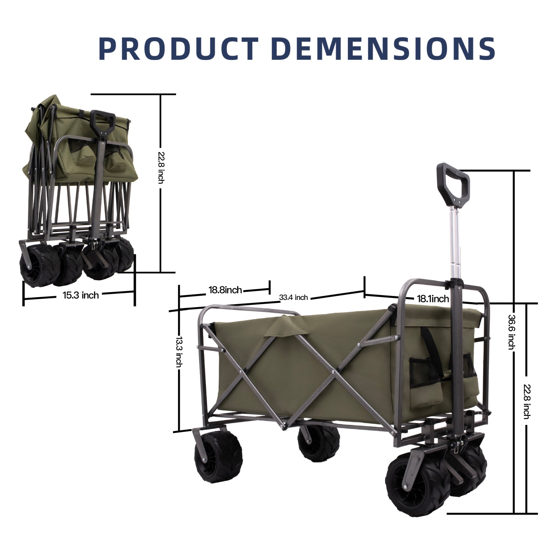 Green folding utility cart with large wheels and extendable handle