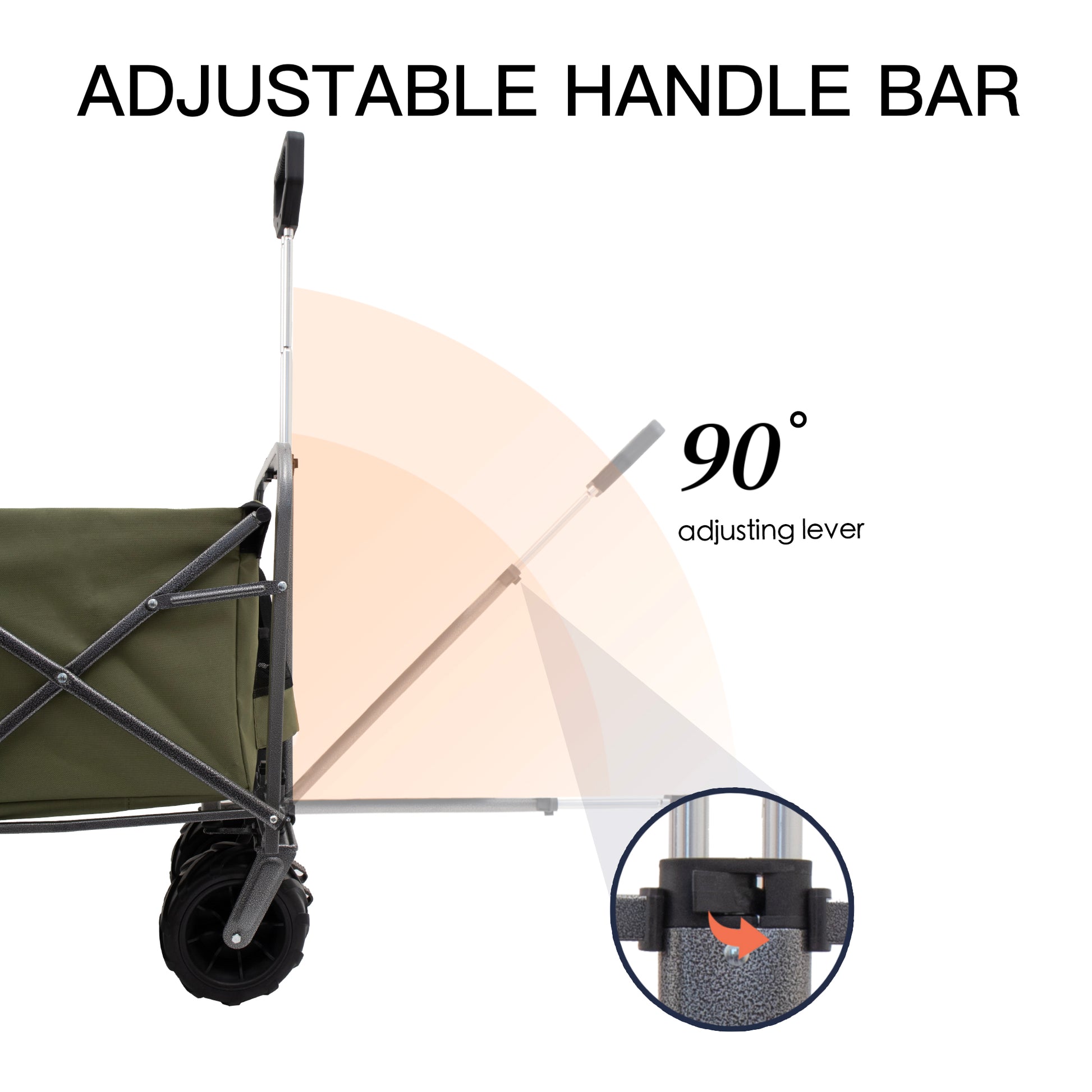 Green canvas wagon with adjustable handle bar and large wheels