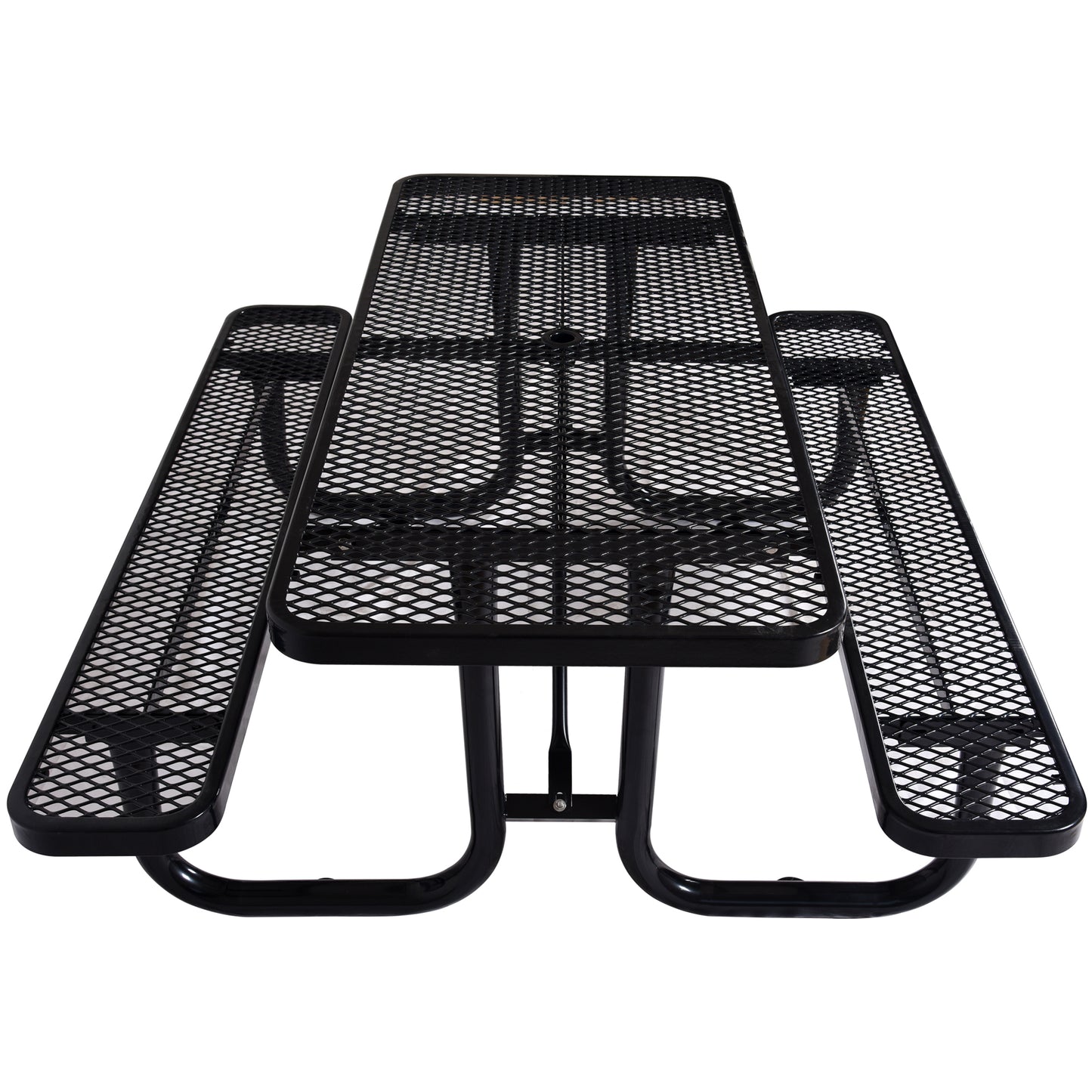 Black expanded metal picnic table with integrated benches perfect for outdoor seating