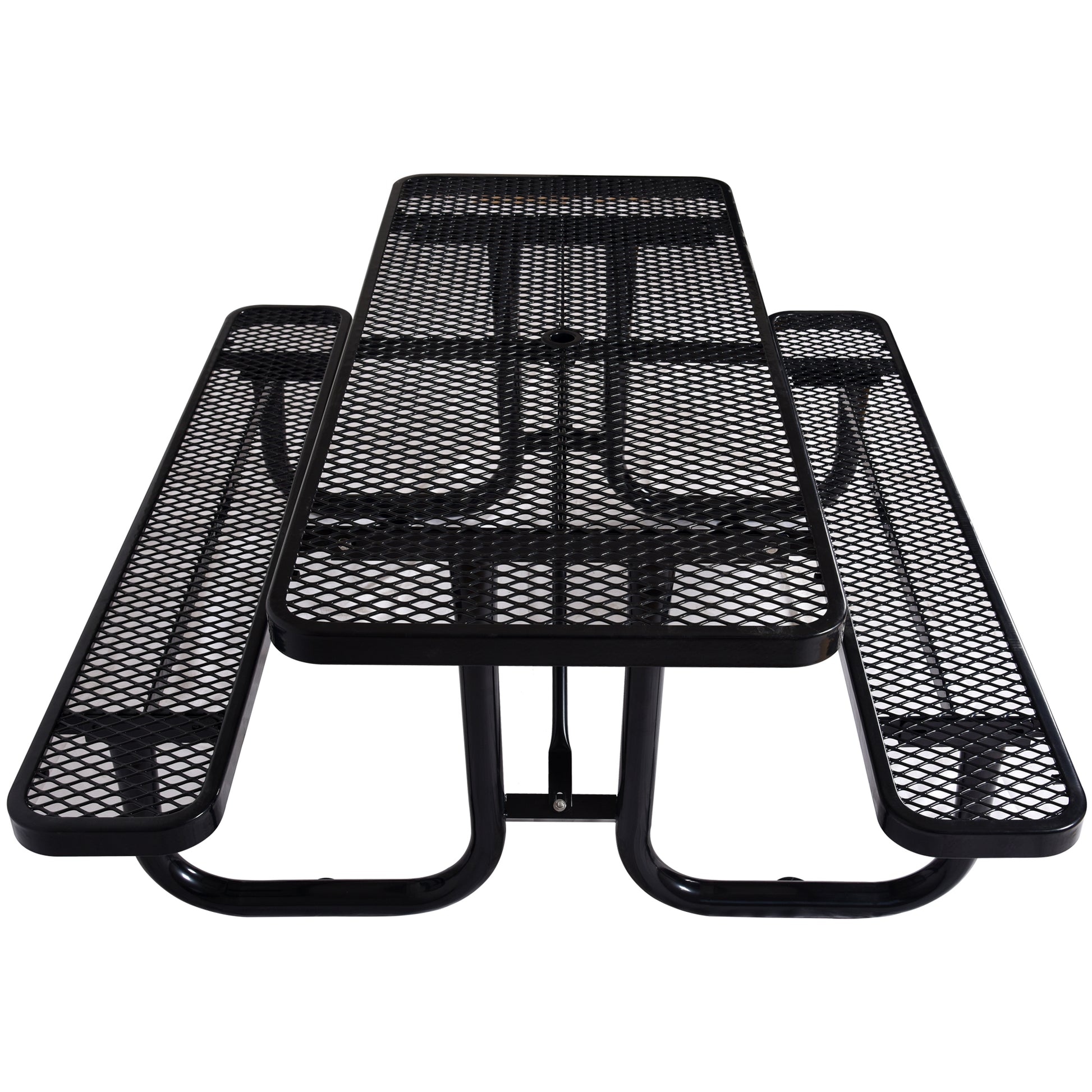 Black expanded metal picnic table with integrated benches perfect for outdoor seating