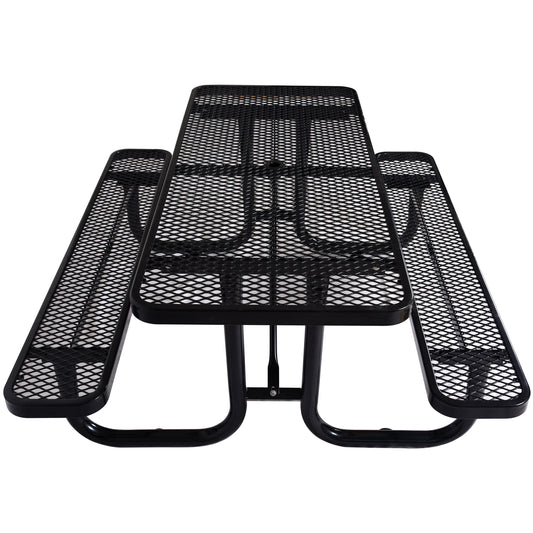 Black expanded metal picnic table with integrated benches perfect for outdoor seating