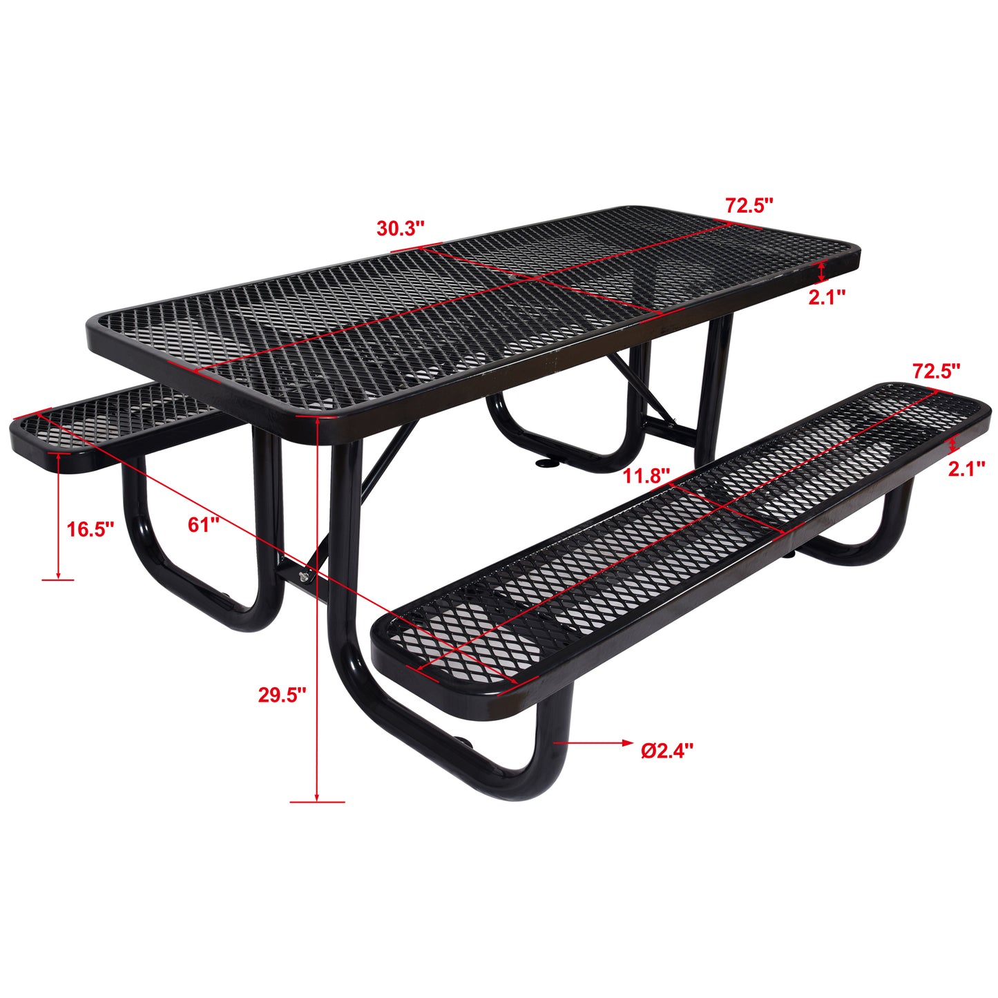 Black diamond mesh picnic table with attached benches  length
