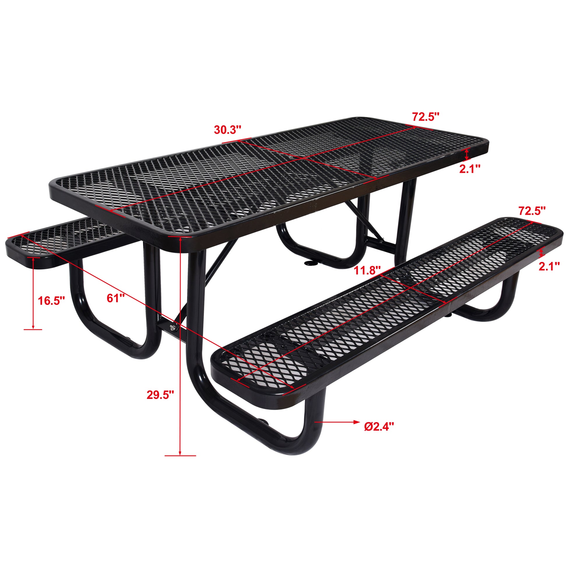 Black diamond mesh picnic table with attached benches  length