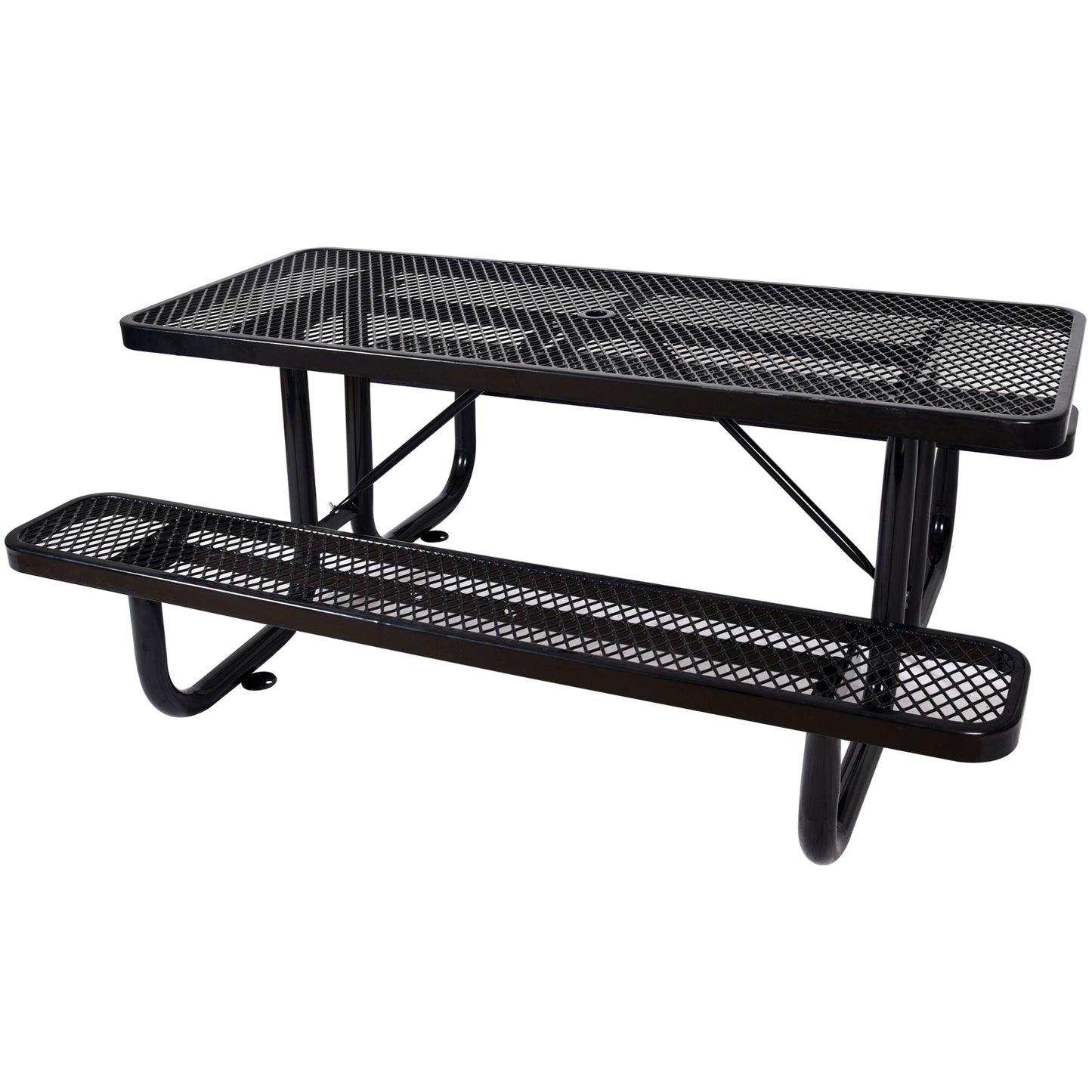 Black metal mesh picnic table with attached benches perfect for outdoor gatherings