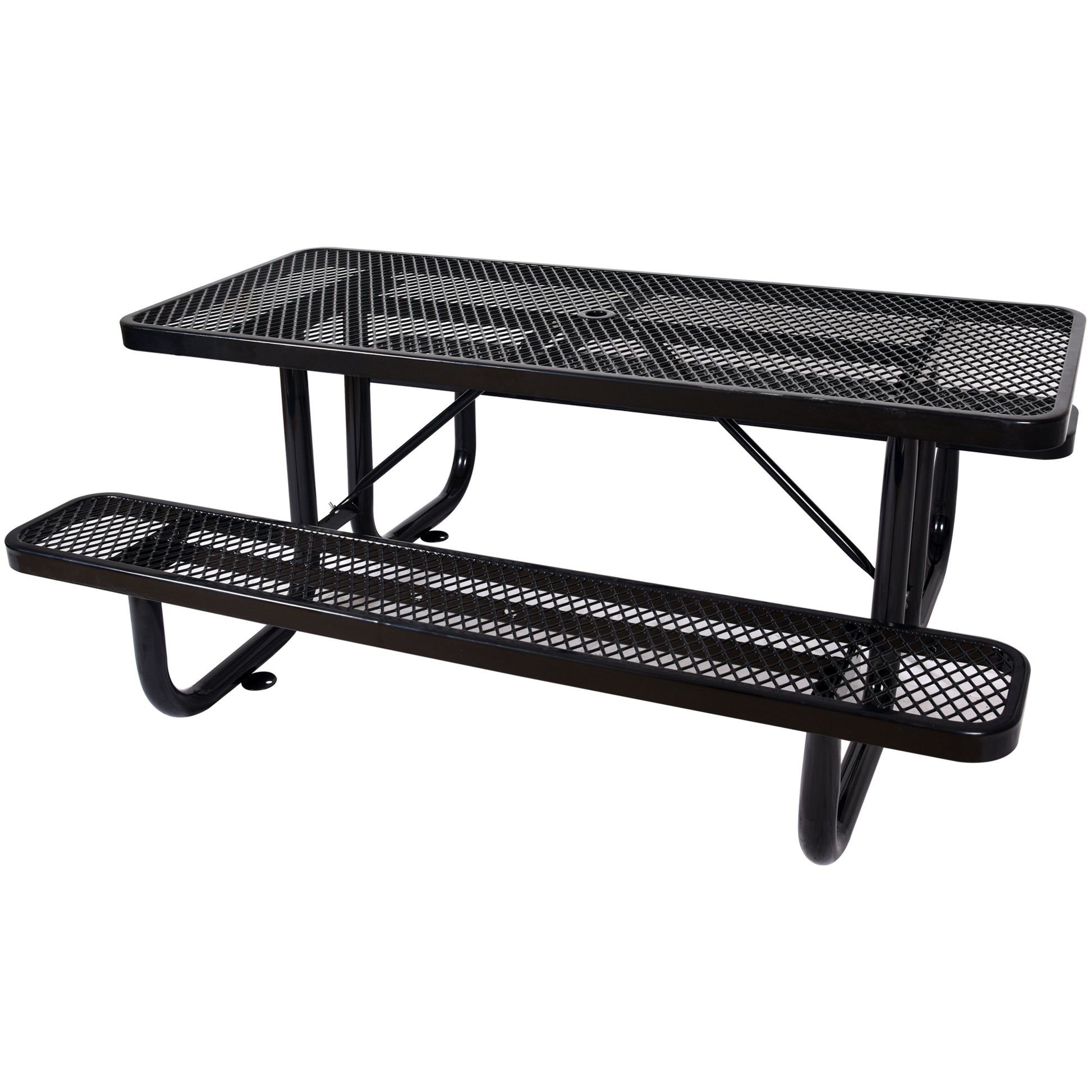 Black metal mesh picnic table with attached benches perfect for outdoor gatherings