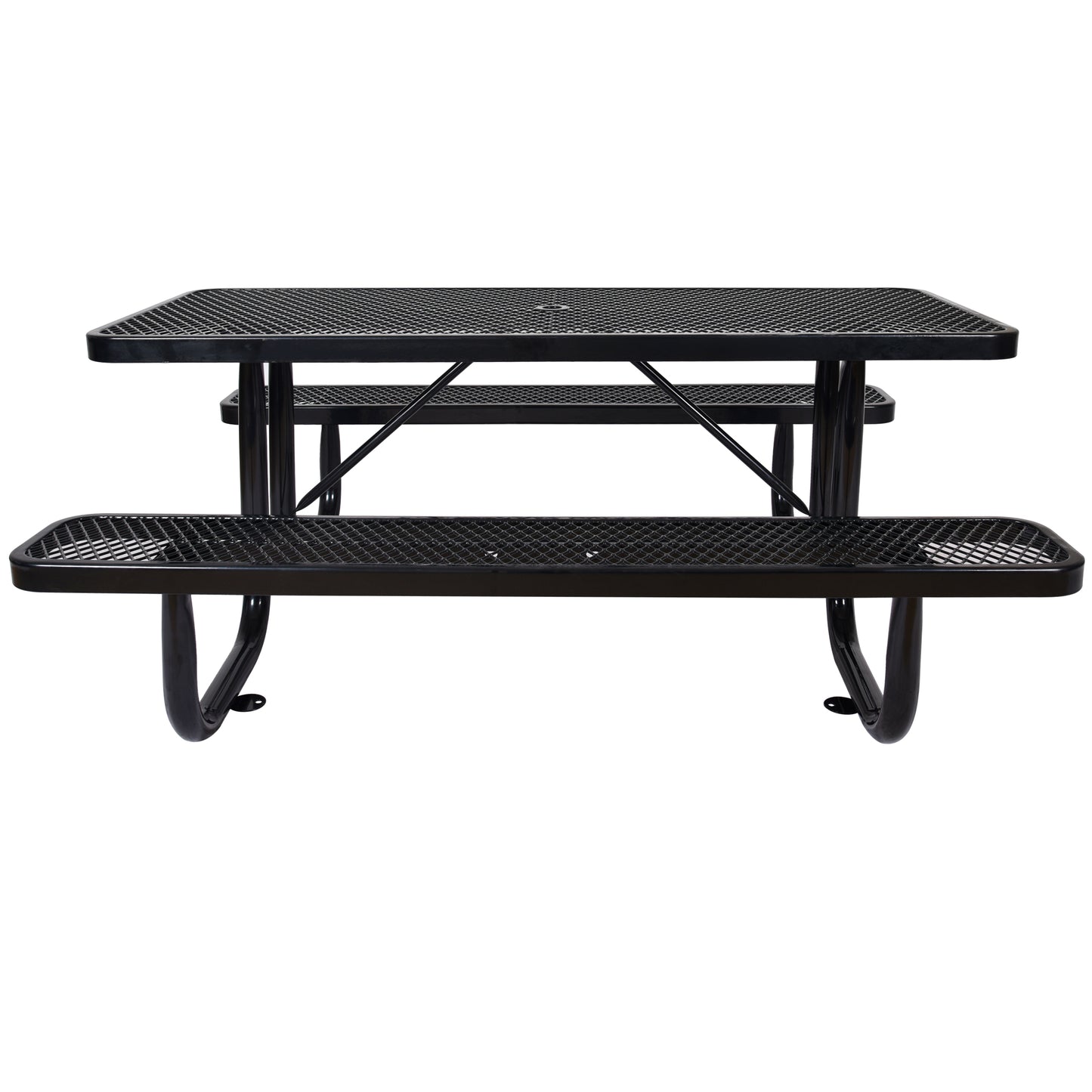 Black expanded metal picnic table with attached benches