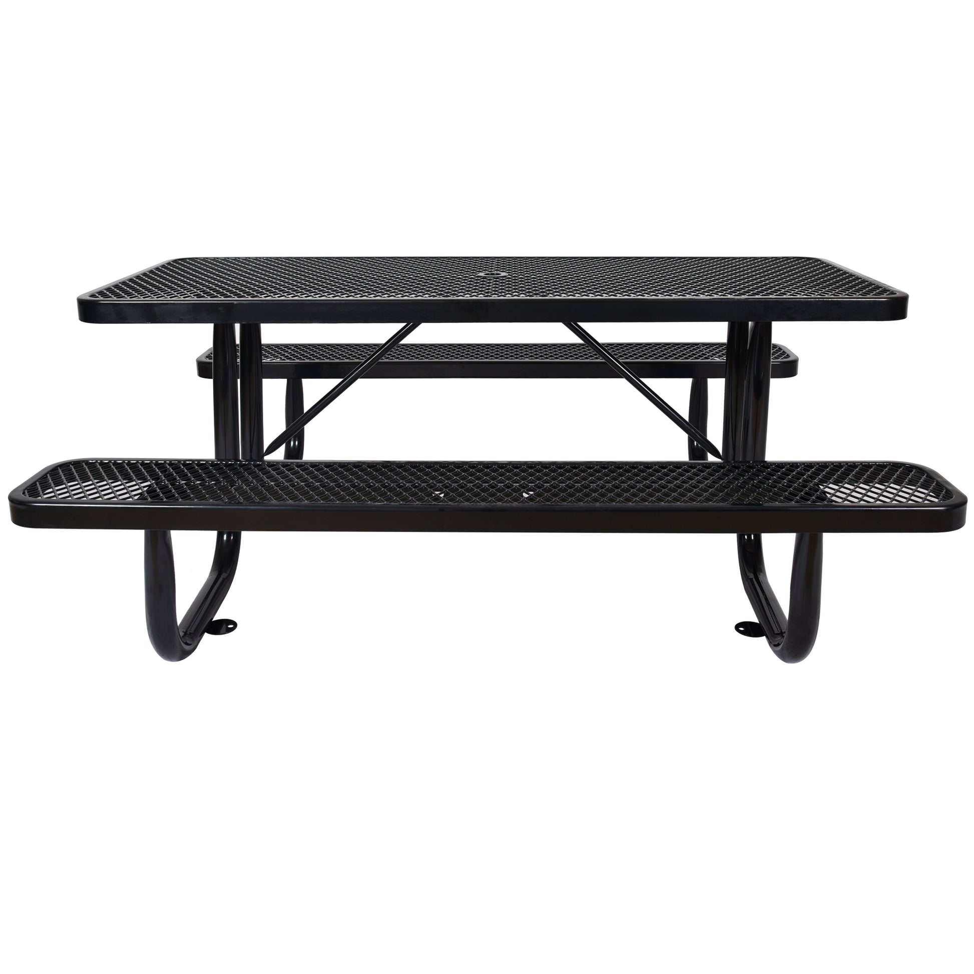 Black expanded metal picnic table with attached benches