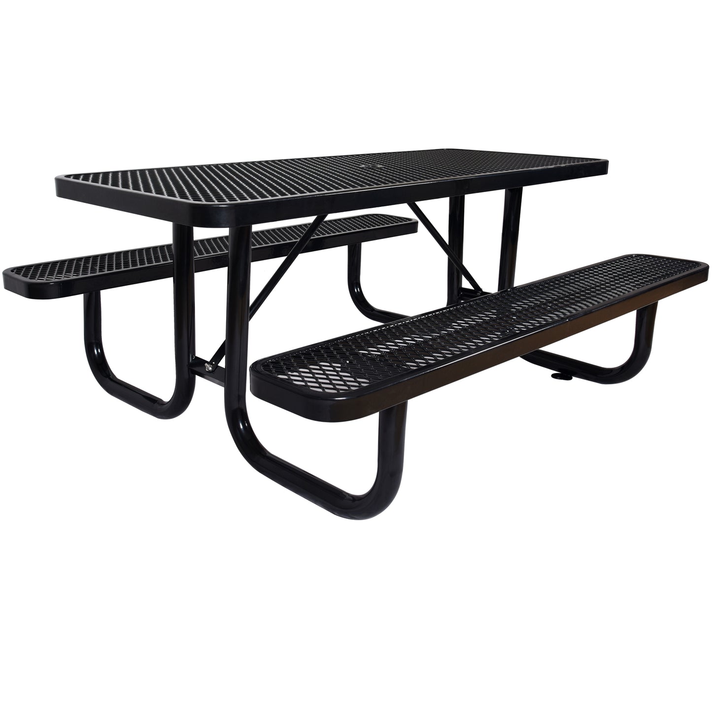 Black metal picnic table with diamond pattern and attached benches