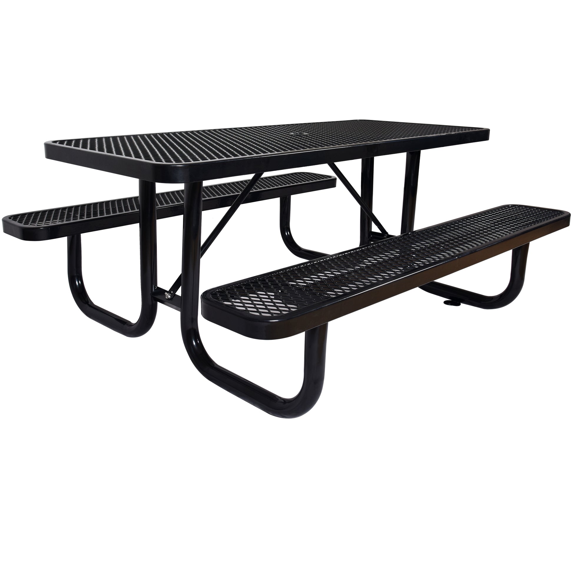 Black metal picnic table with diamond pattern and attached benches