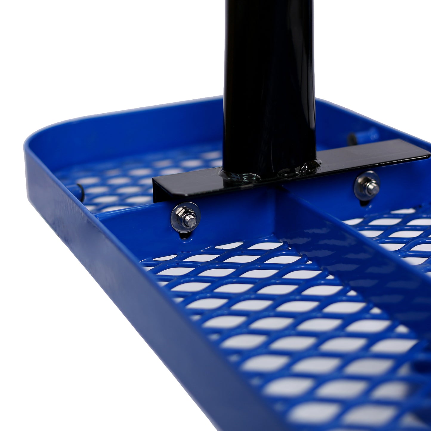 Closeup of a bright blue metal mesh platform with a black support post showing bolt detail