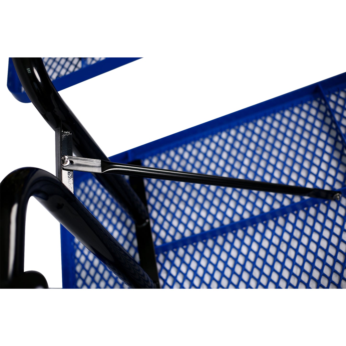 Closeup of a blue perforated metal utility cart with black metal frame showing mesh basket detail