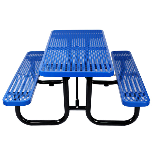 Durable blue perforated metal picnic table with black metal frame