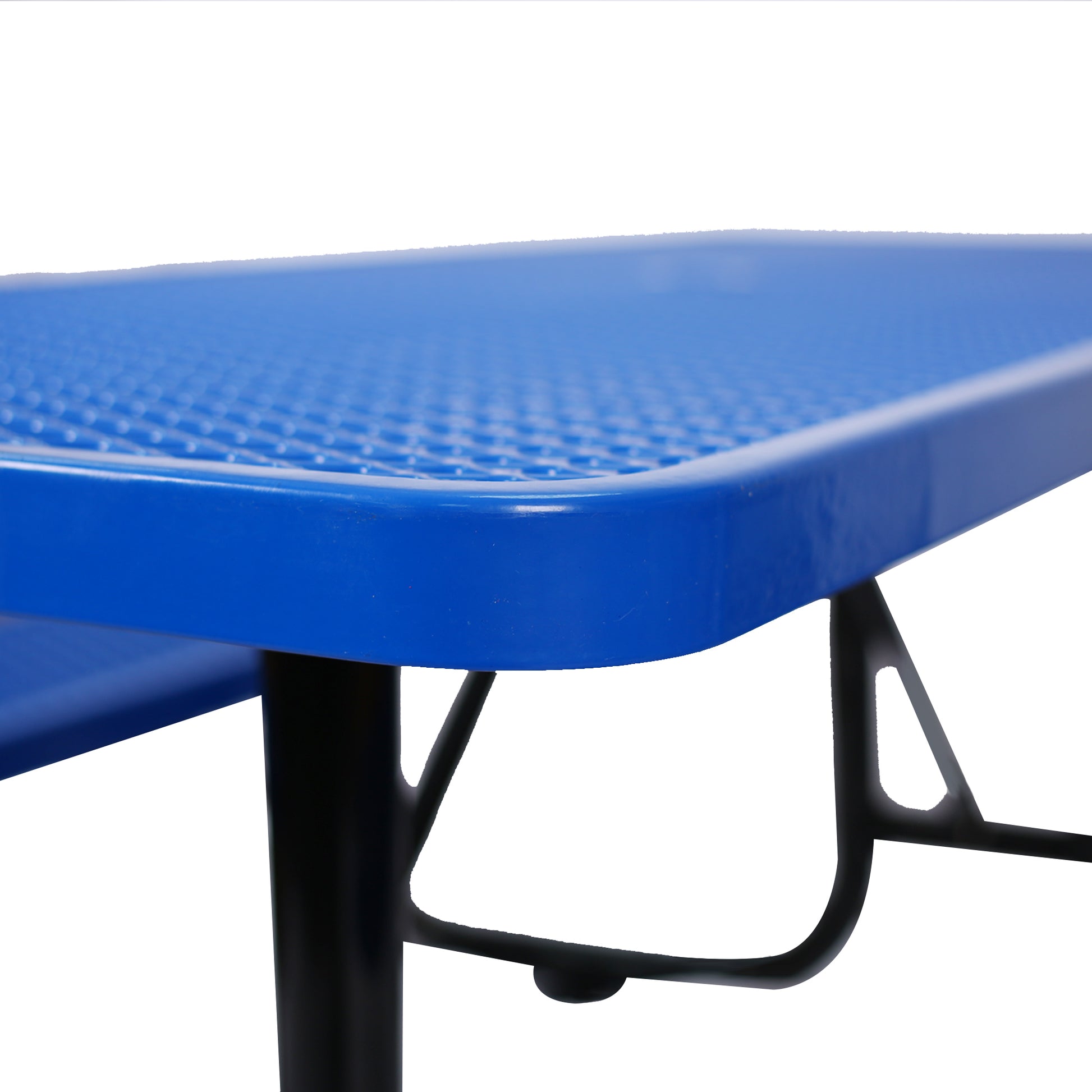 Closeup of a blue picnic table with textured surface and black metal legs