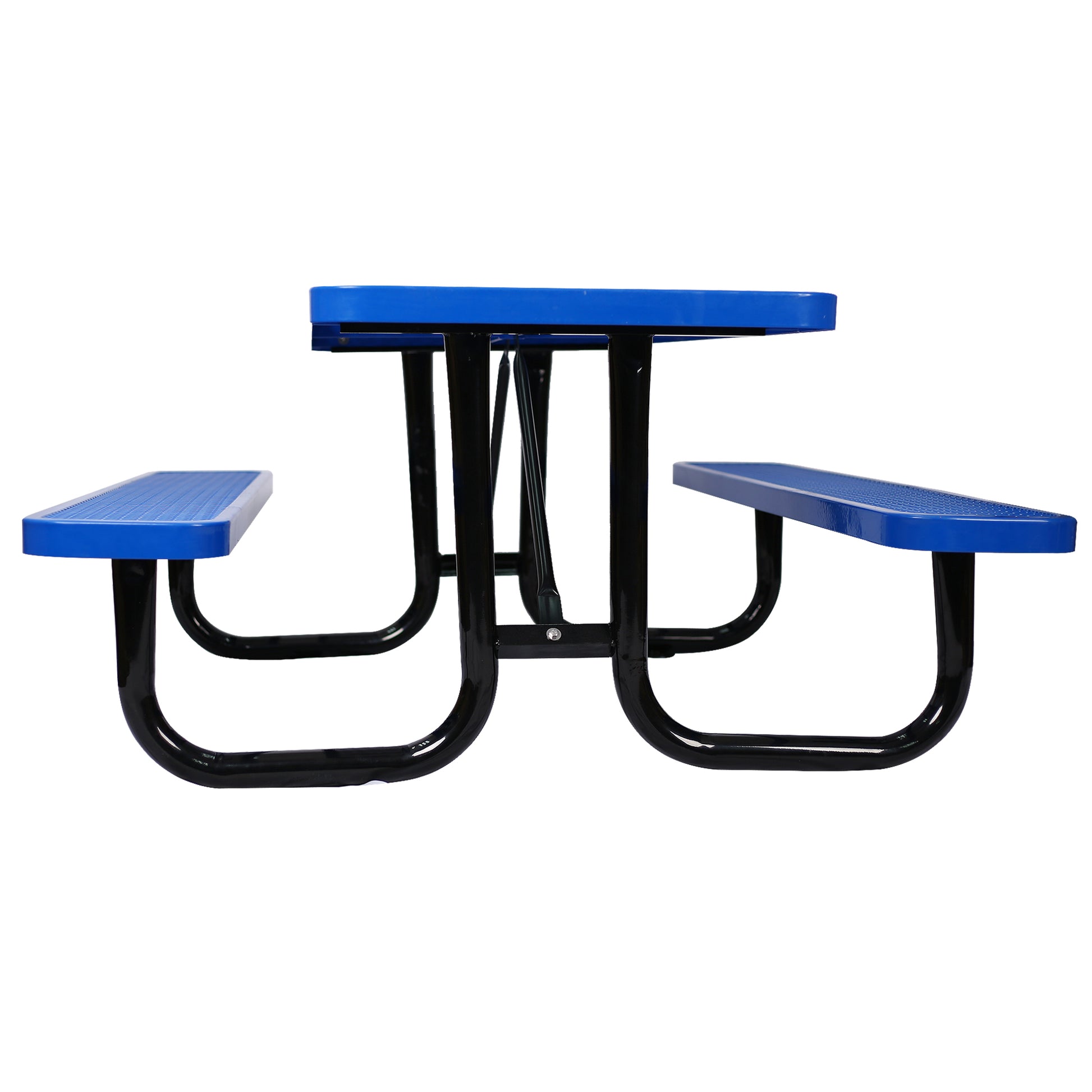 Durable blue picnic table with black powdercoated steel frame seating four people