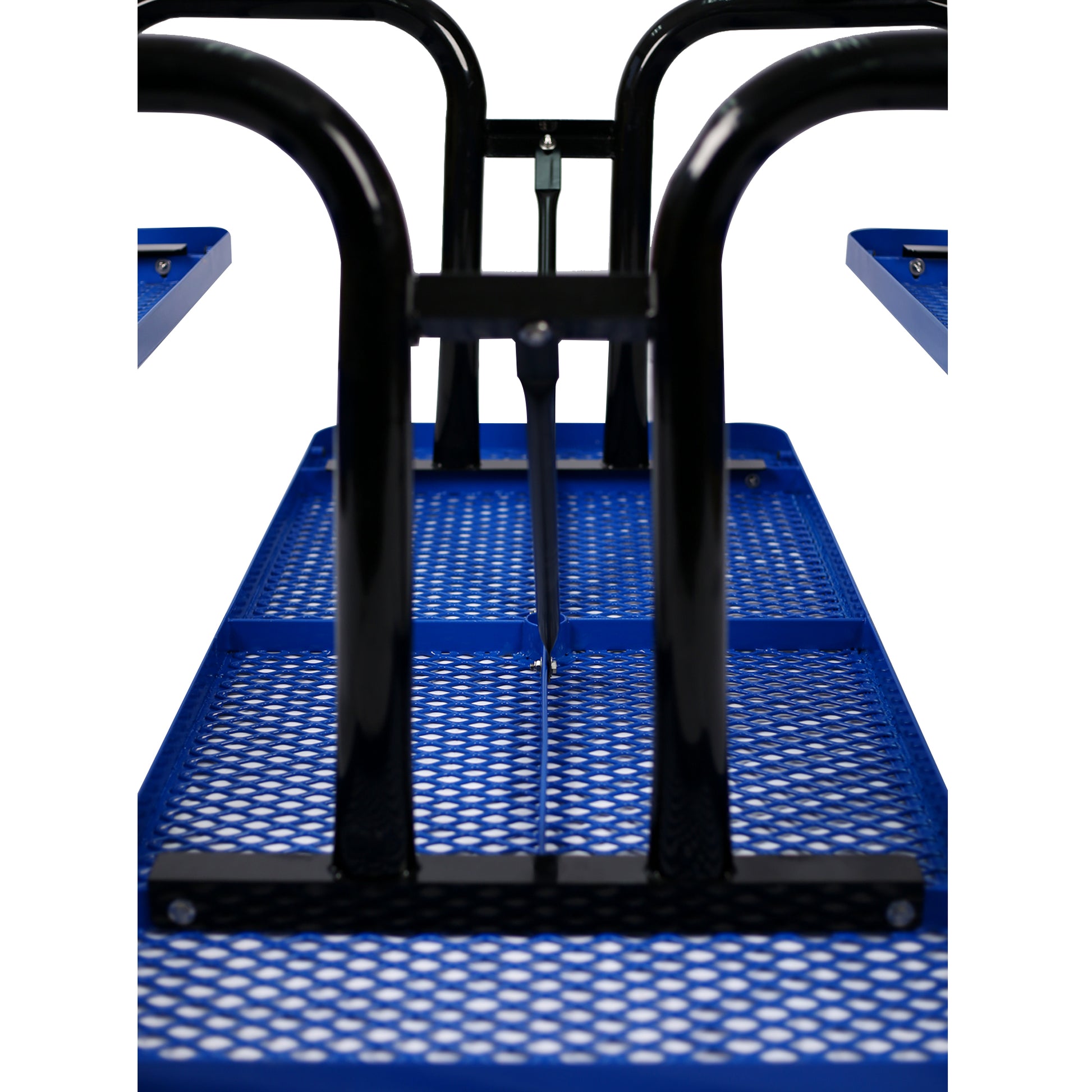 Close up of a blue expanded metal picnic table bench seat with black frame legs