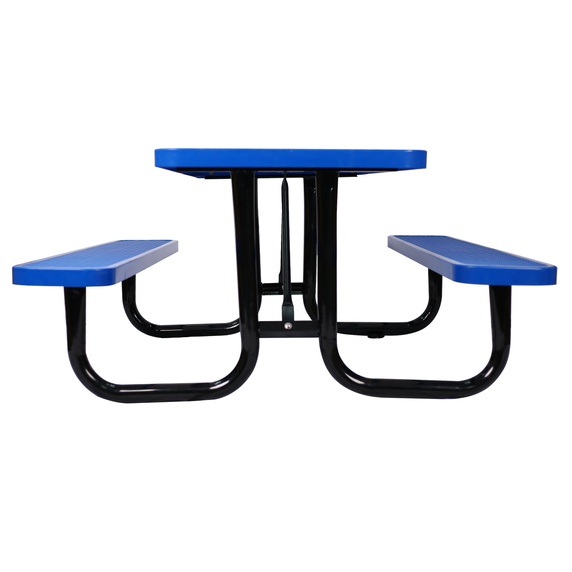 Blue perforated picnic table with black powdercoated frame