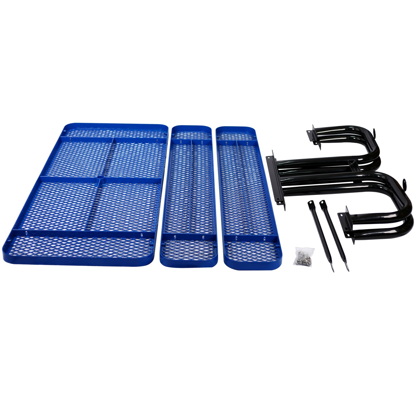 Blue perforated metal hitch cargo carrier platform with black mounting hardware