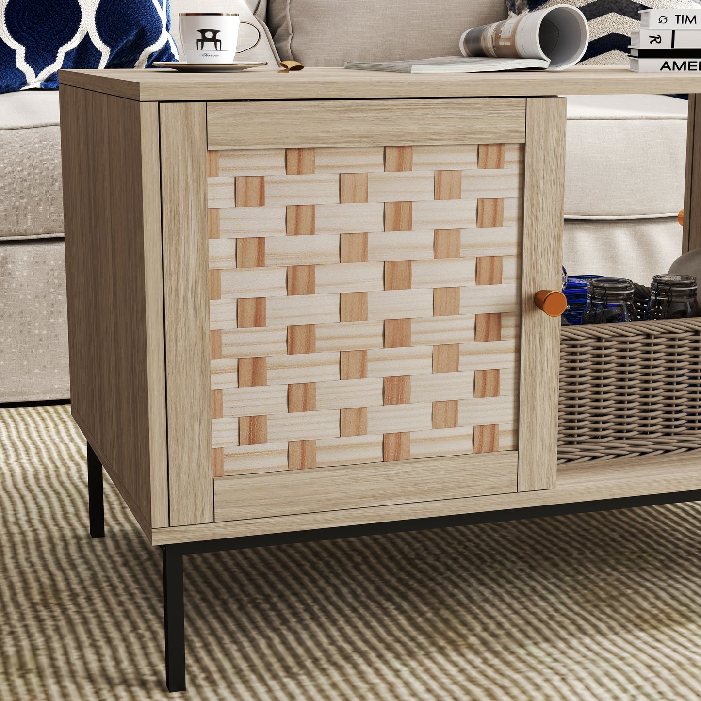 Light oak cabinet with woven wood panel door and black metal legs