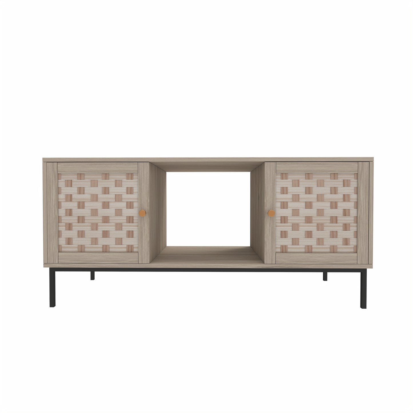 Light oak media console with woven doors and open shelf modern design