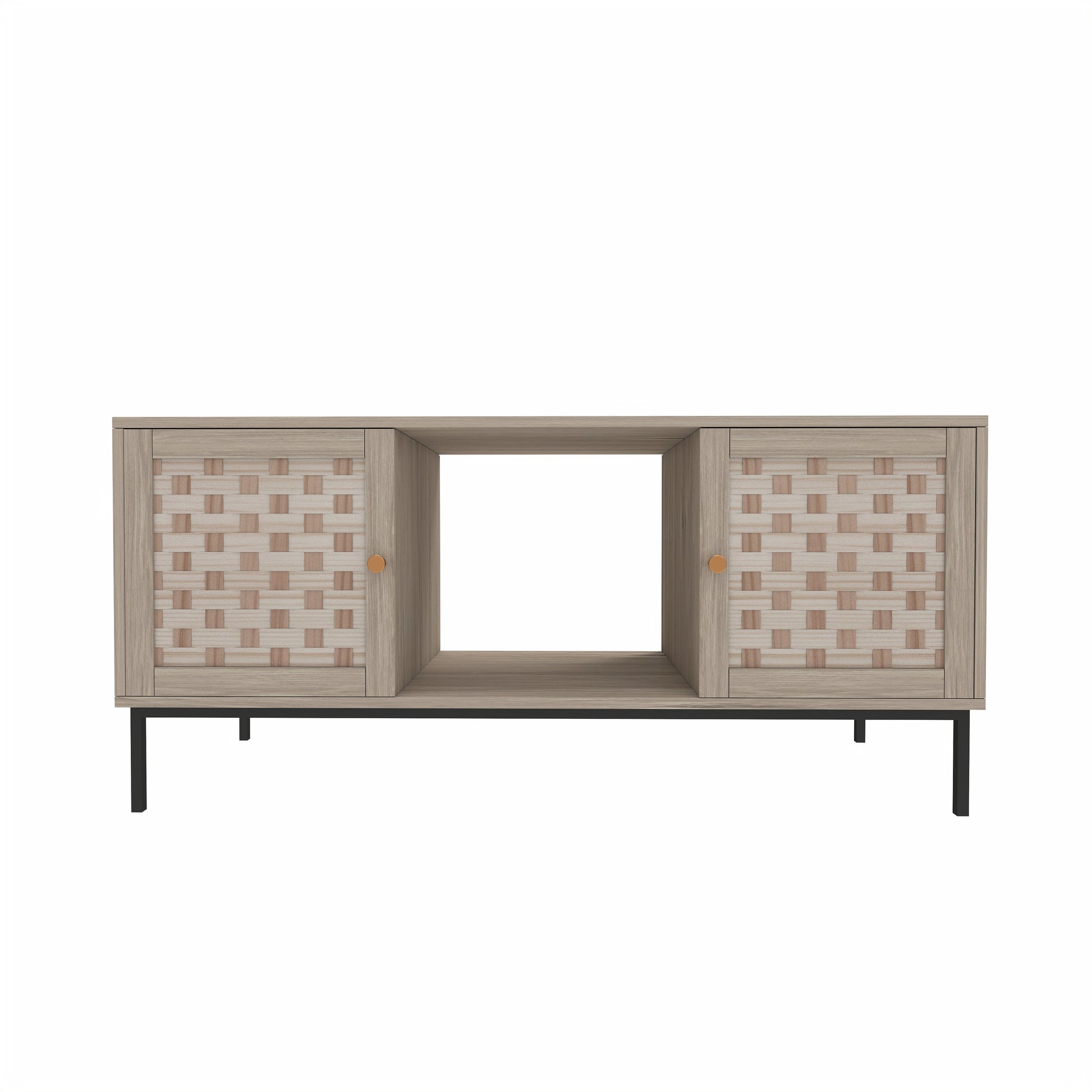 Light oak media console with woven doors and open shelf modern design