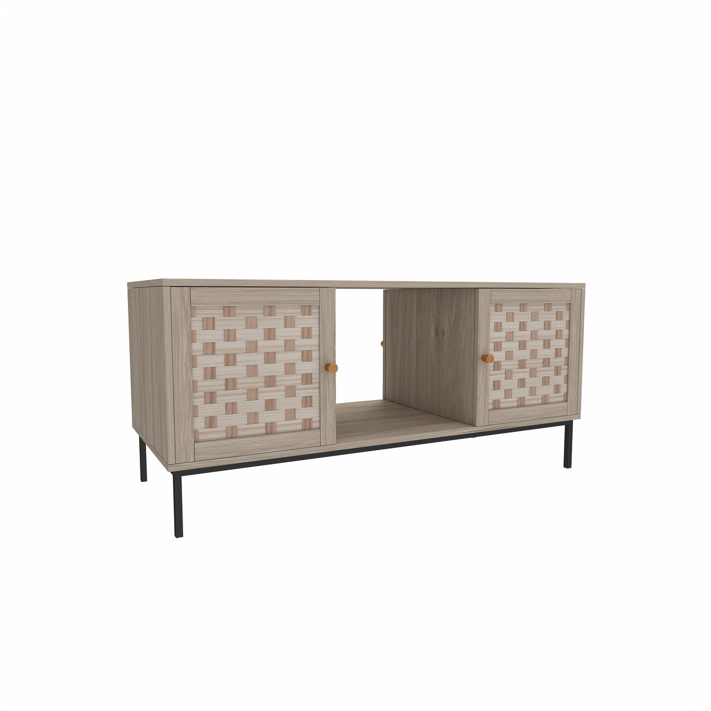 Light oak wood sideboard with woven door fronts and black metal legs