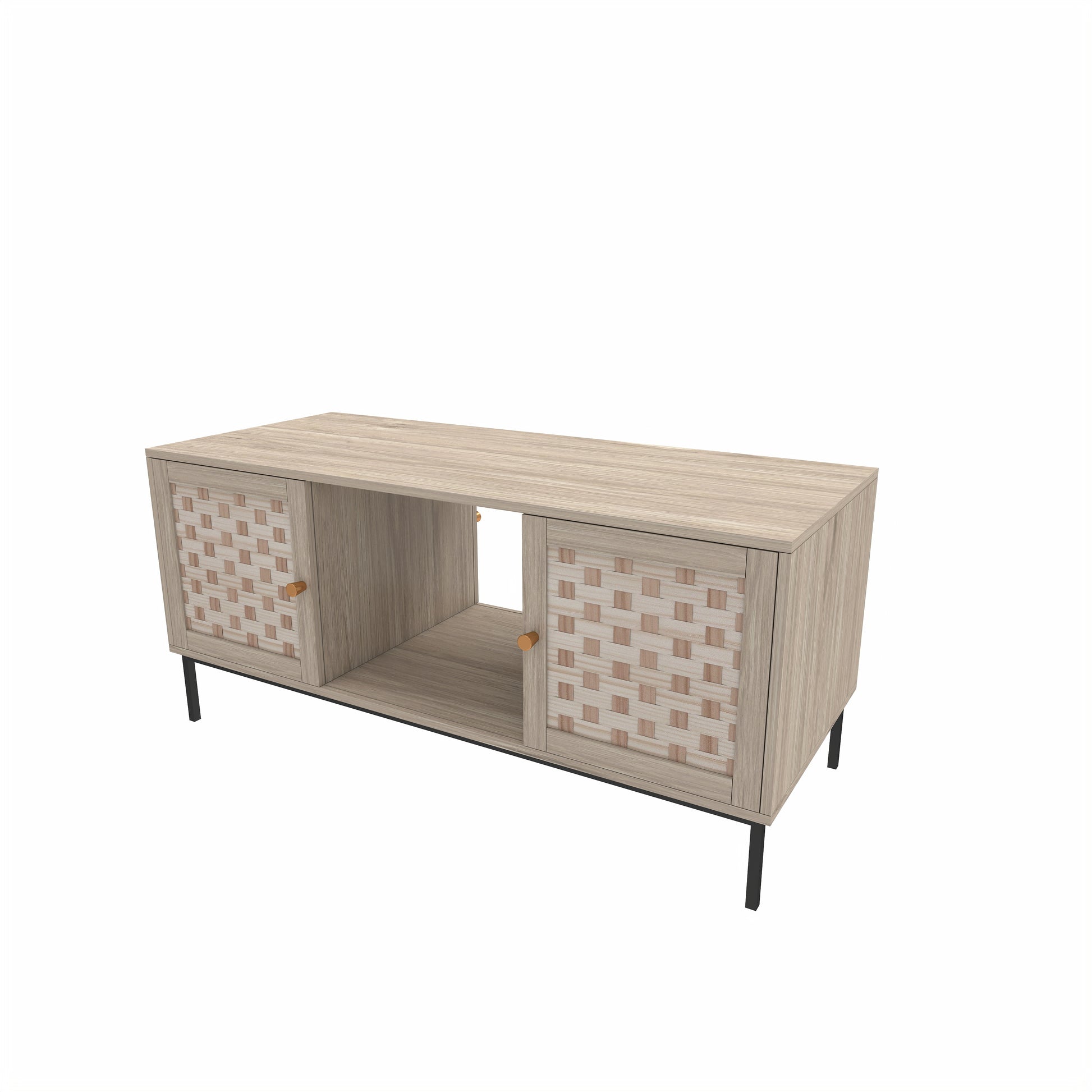 Light oak media console with woven door fronts and black metal legs