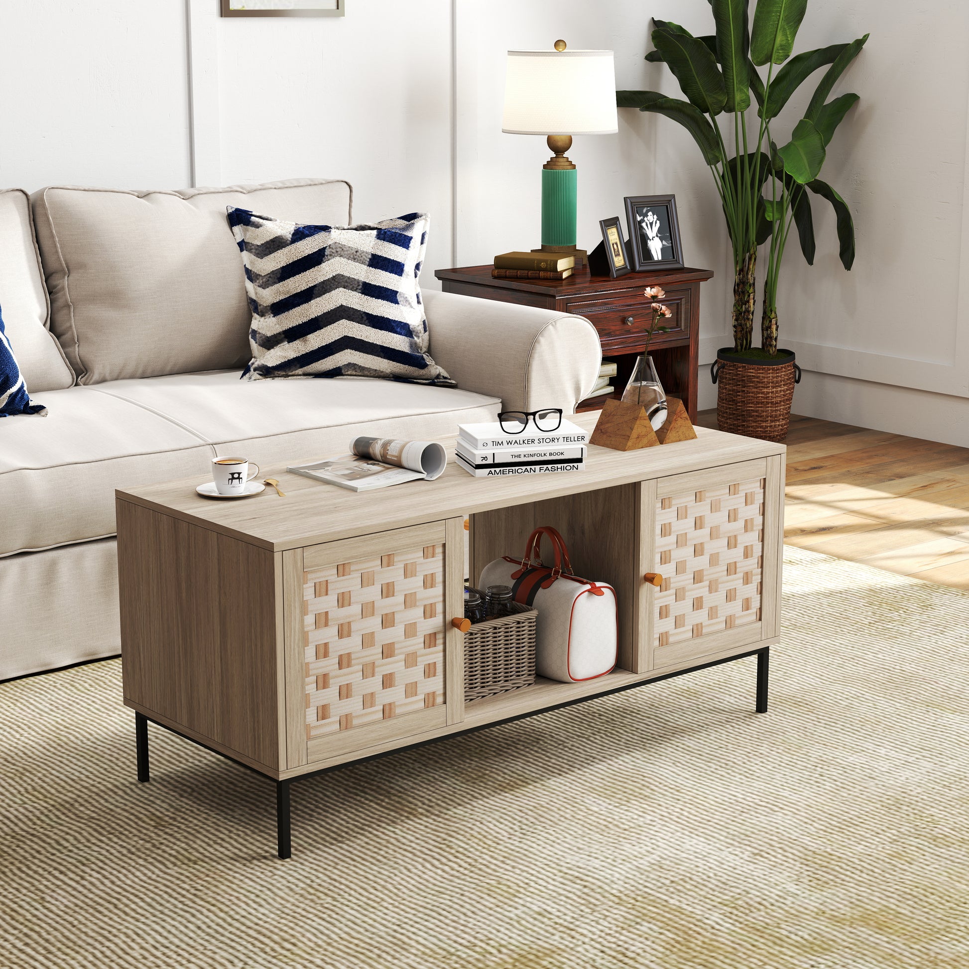 Light oak coffee table with woven drawer fronts and black metal legs for modern living rooms