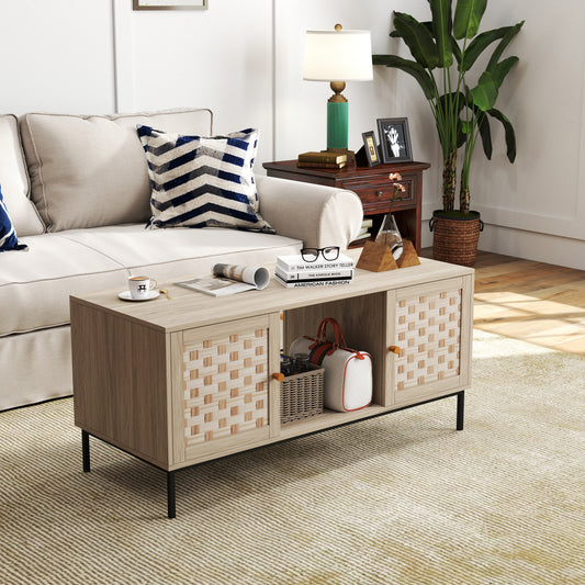 Light oak coffee table with woven drawer fronts and black metal legs for modern living rooms