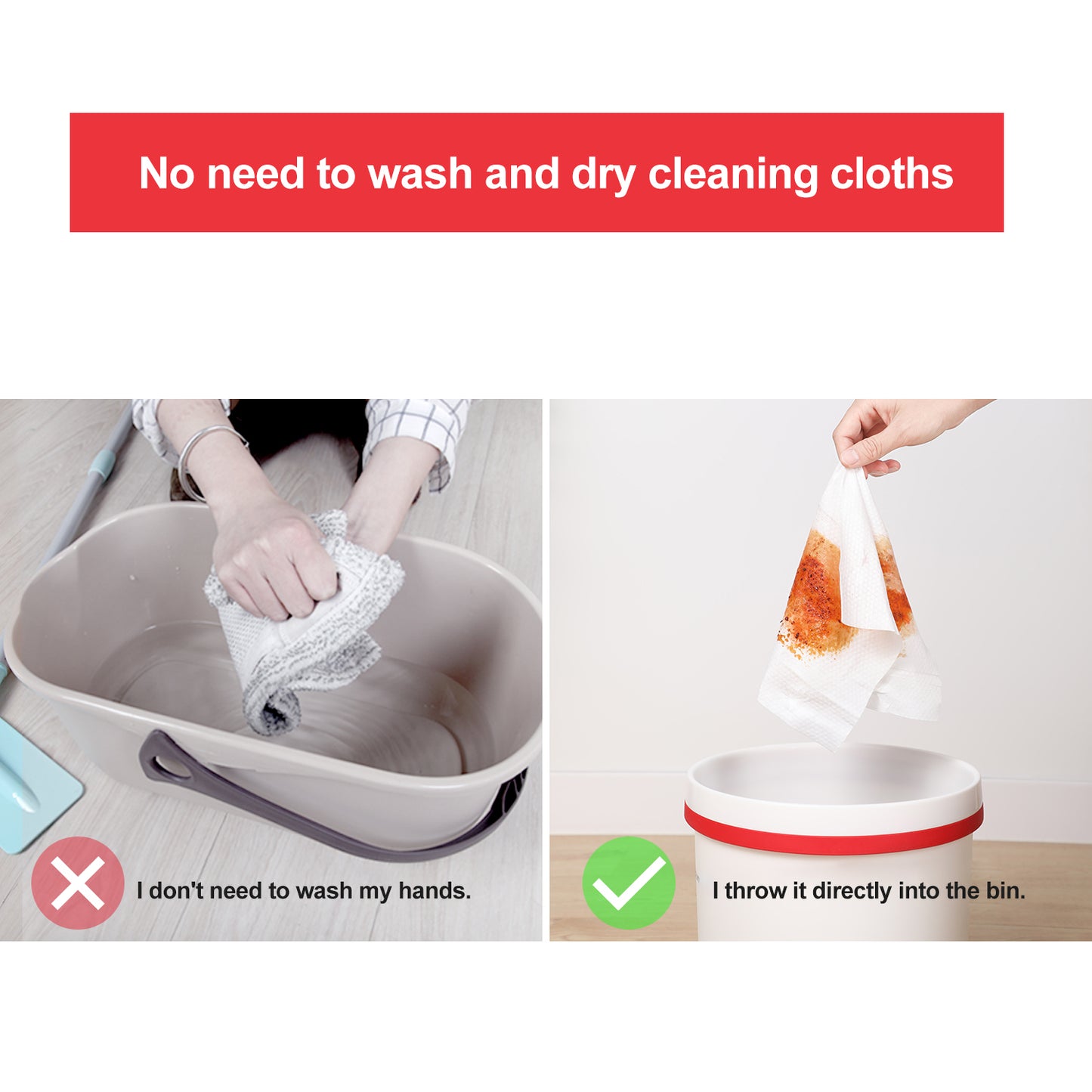 Hands wringing out a grey microfiber cleaning cloth in a bucket of water