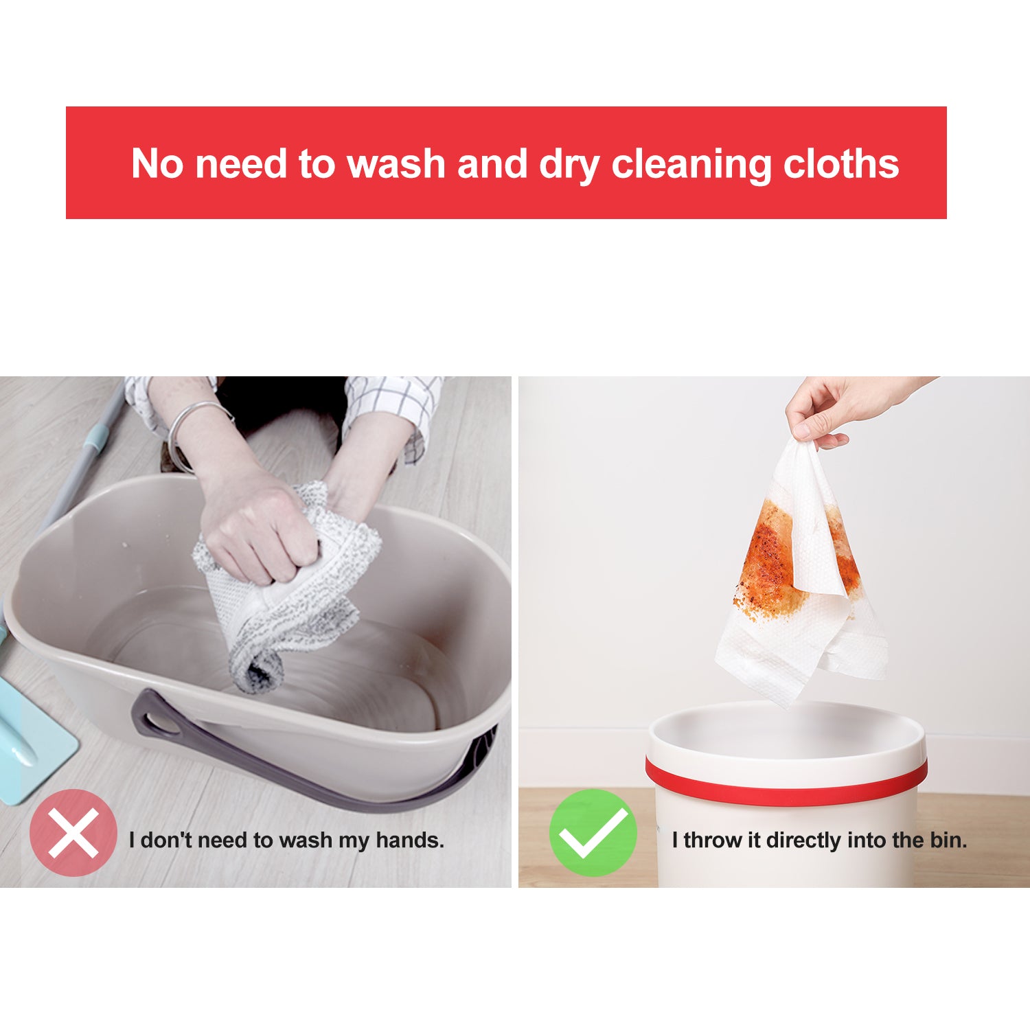 Hands wringing out a grey microfiber cleaning cloth in a bucket of water