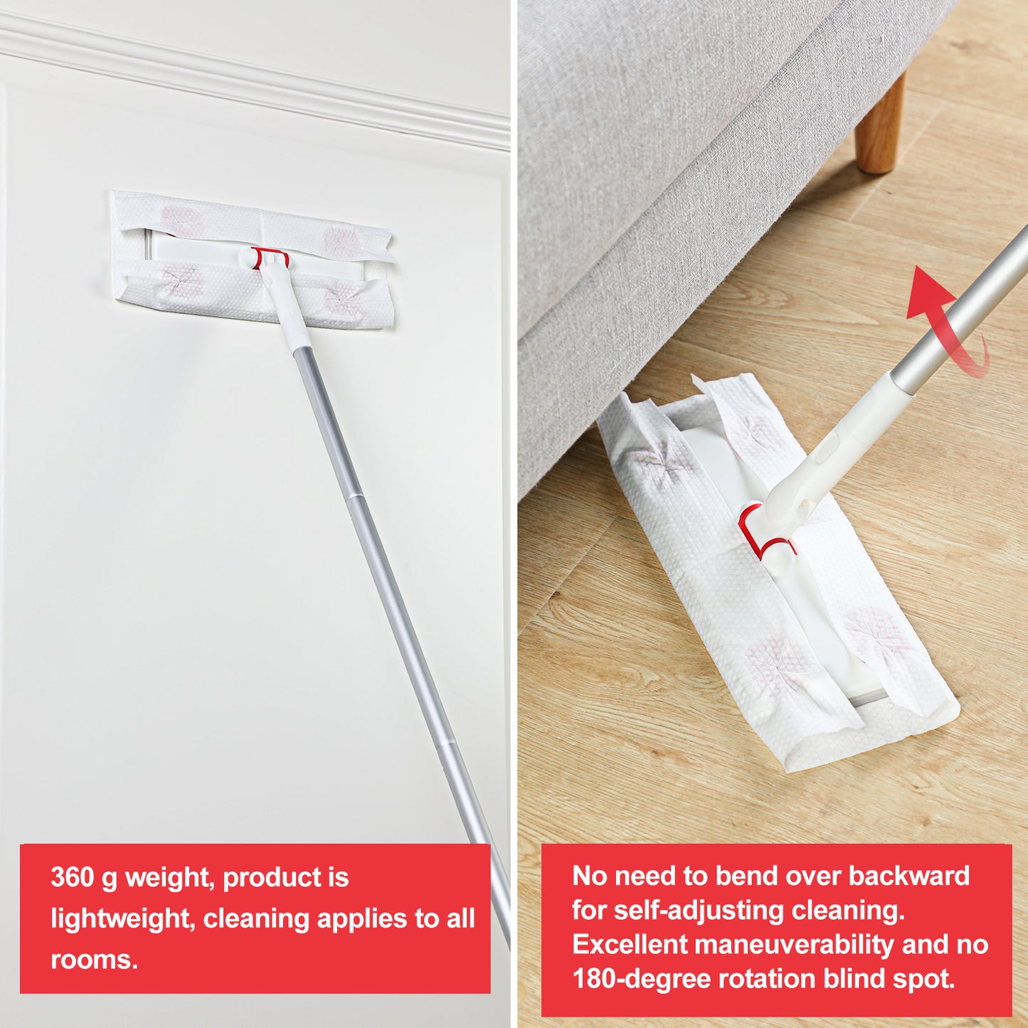 White microfiber mop cleaning a wall with silver handle and red accents