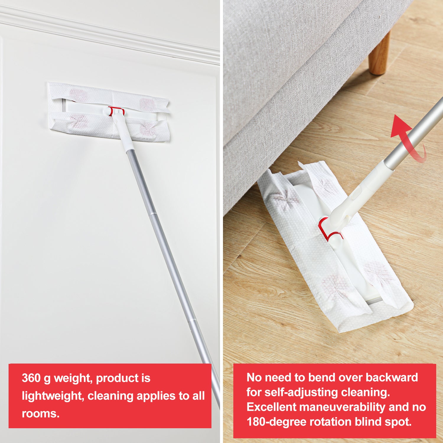 White microfiber mop cleaning a wall with silver handle and red accents