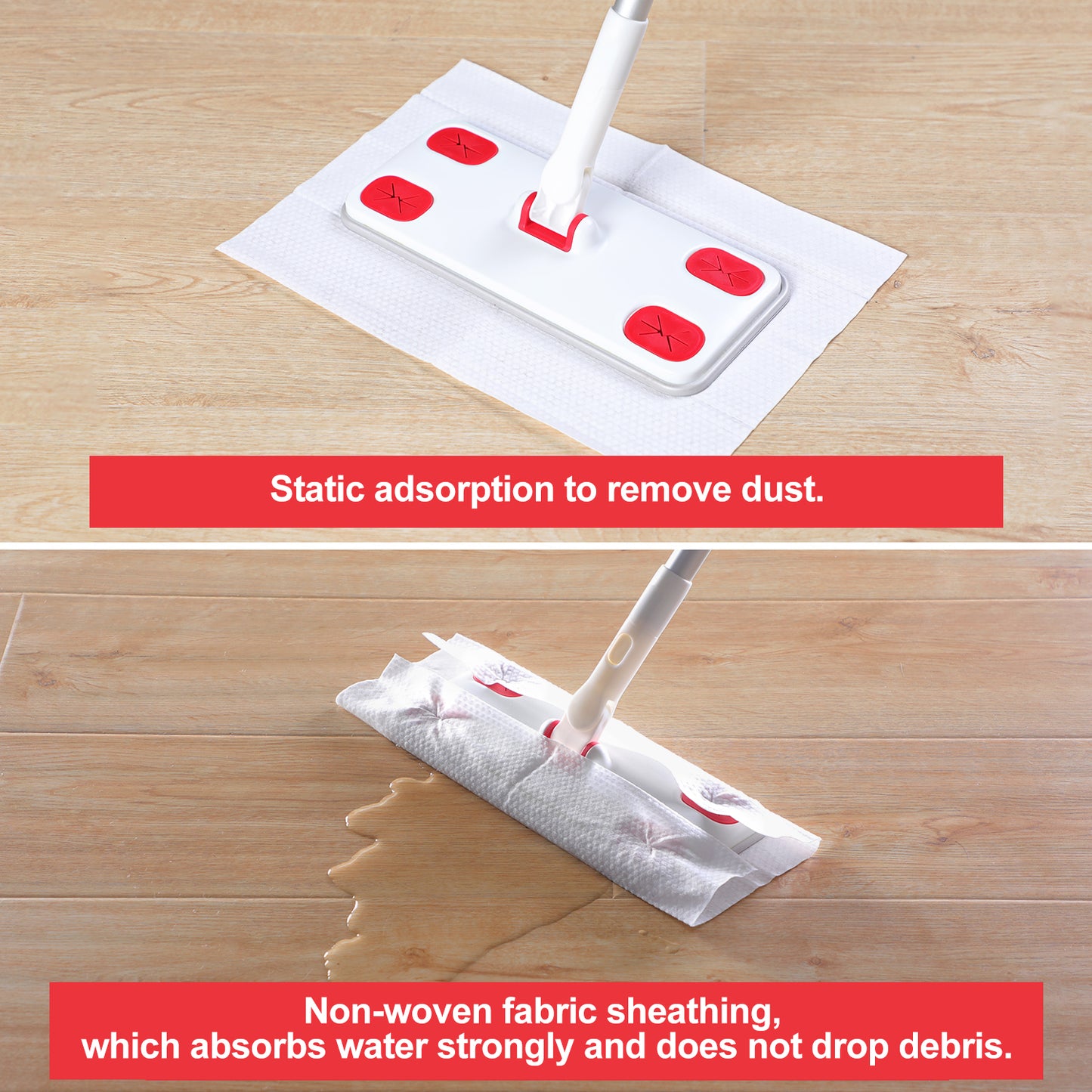 White flat mop head with red clips on textured paper for dust removal