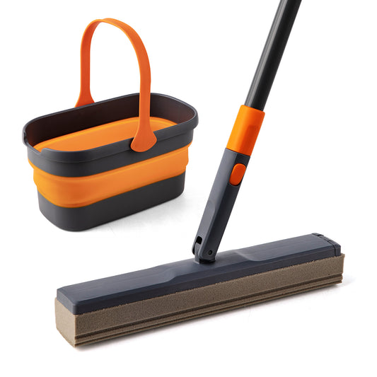 Collapsible orange and gray bucket with a detachable mop head featuring a gray foam scrubber