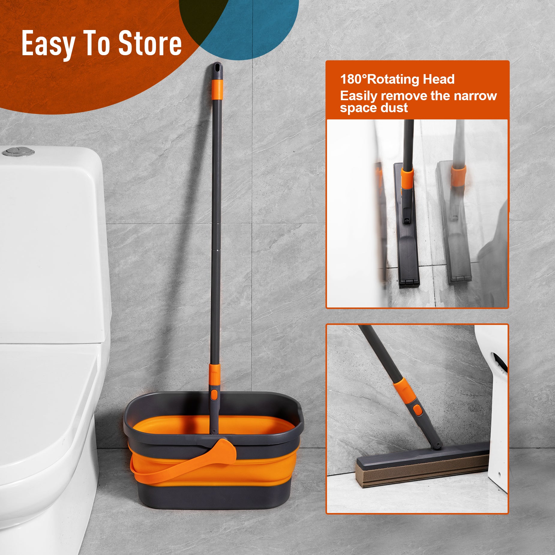 Collapsible mop and bucket set for easy storage gray and orange