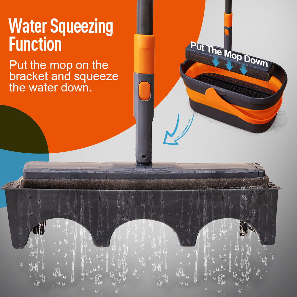 Gray mop head with sponge pad in a dark gray bucket demonstrating water squeezing function