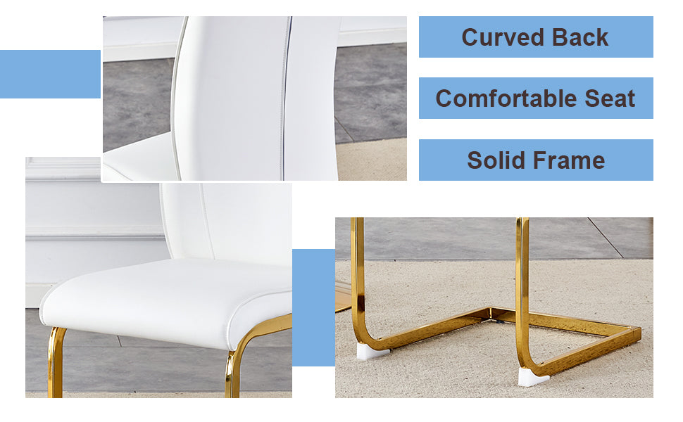 White leather dining chair with curved back and gold metal legs