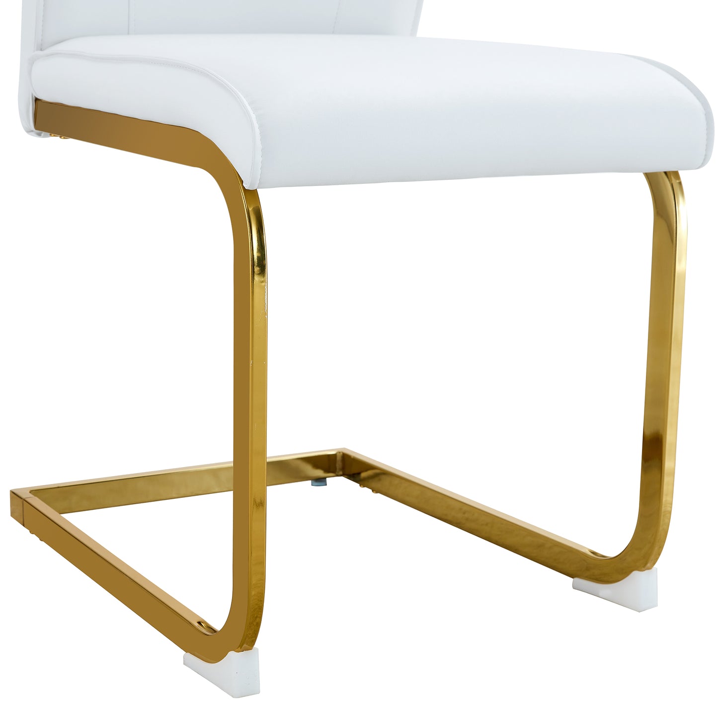 White faux leather dining chair with gold metal sled base
