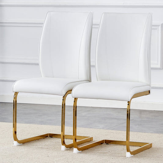 Modern white faux leather dining chair with sleek gold metal sled legs for contemporary style