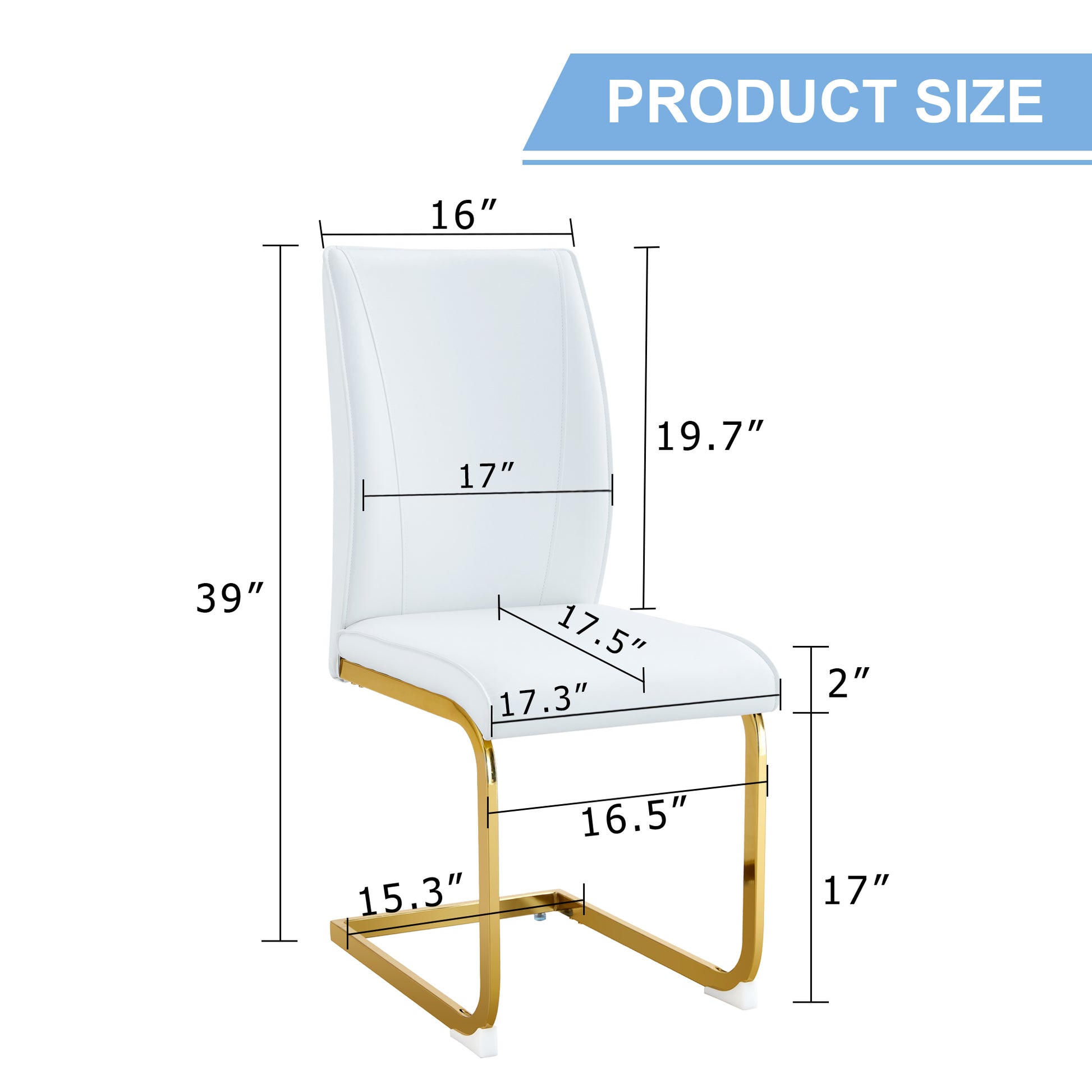 White faux leather dining chair with polished gold metal legs  H x  W