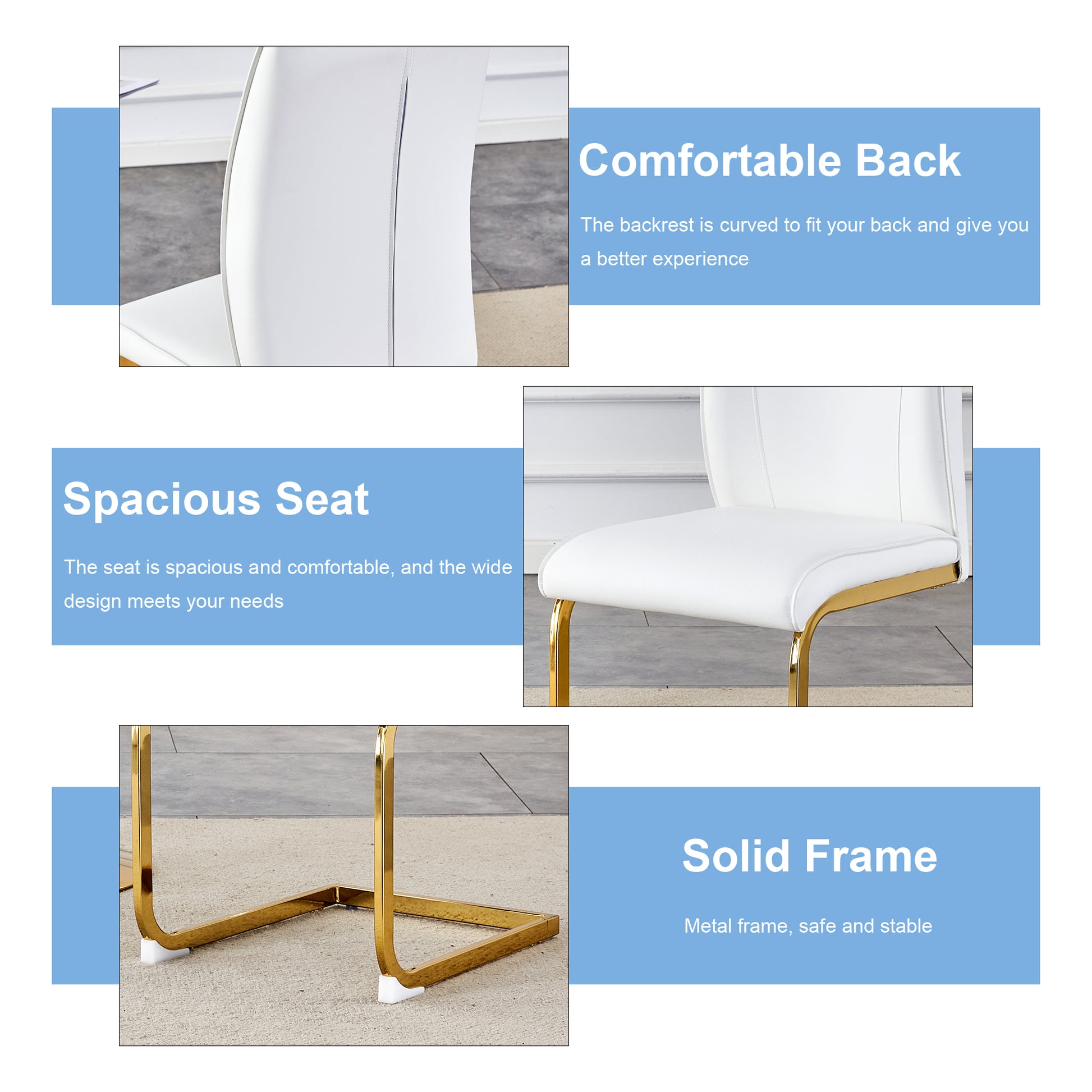 Closeup of a white faux leather dining chair back with gold metal legs