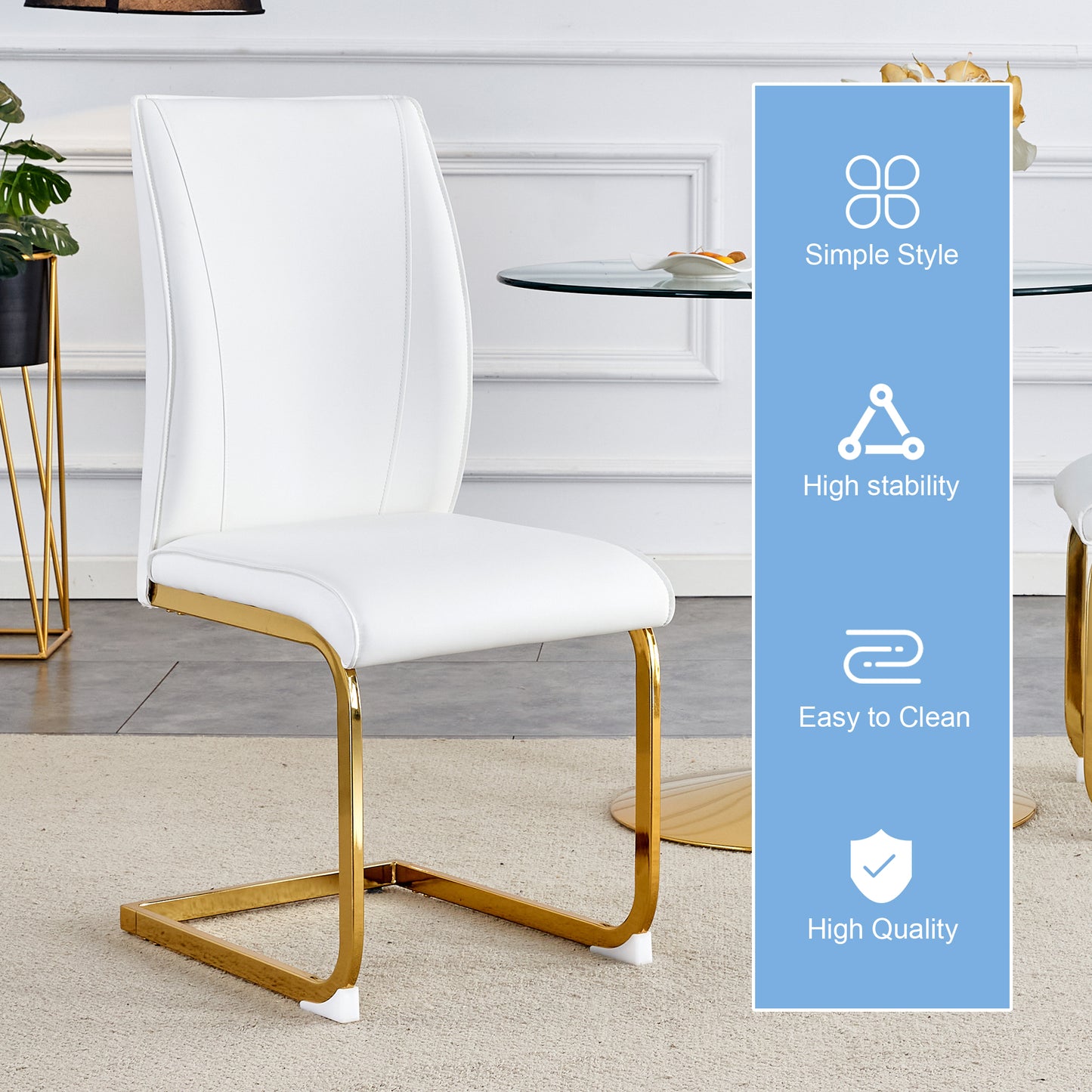 White upholstered dining chair with sleek gold metal legs