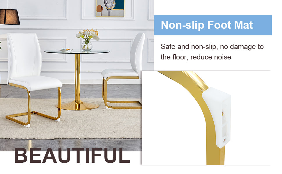 White faux leather dining chair with gold metal frame and nonslip foot