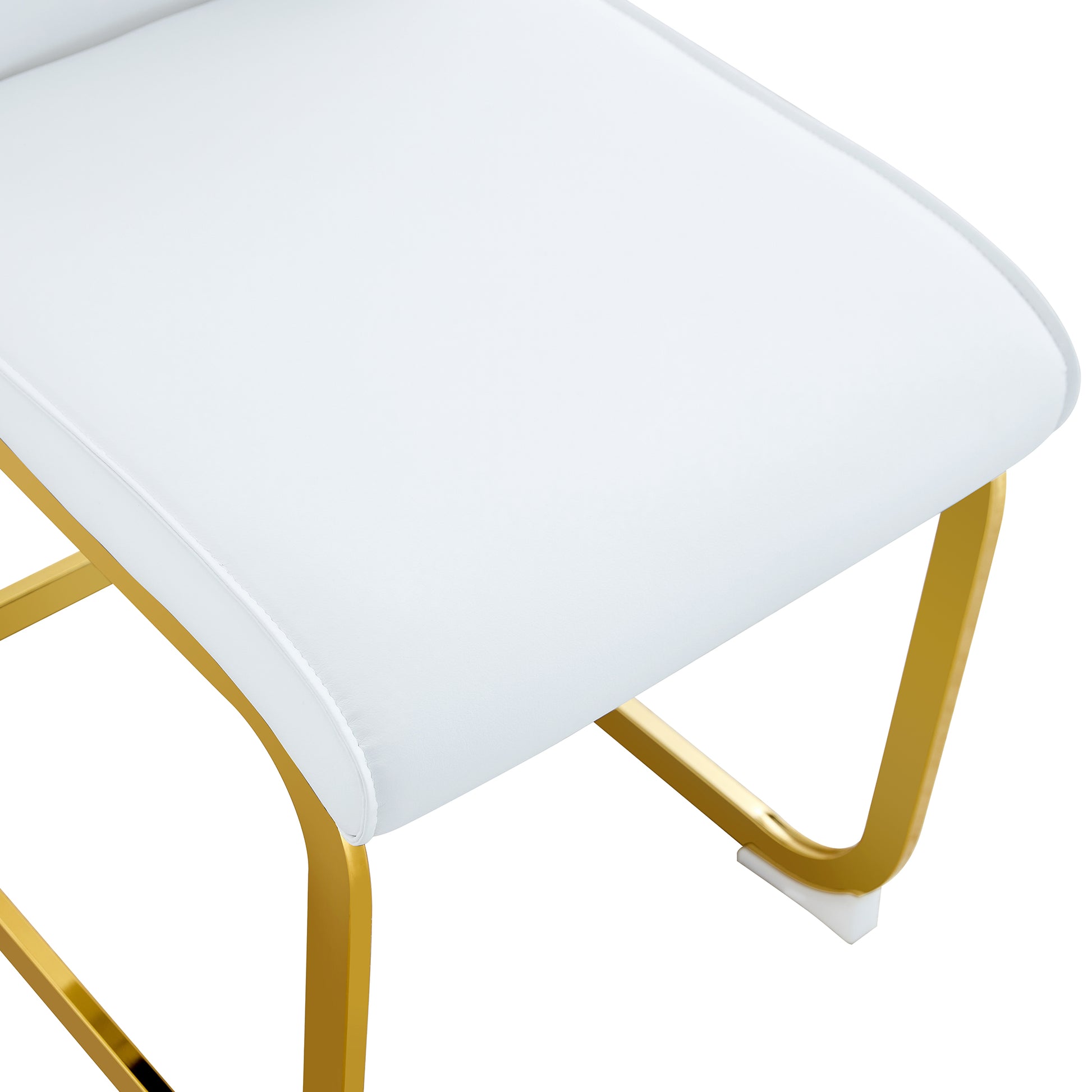 White upholstered vanity stool with modern gold legs and clean stitching