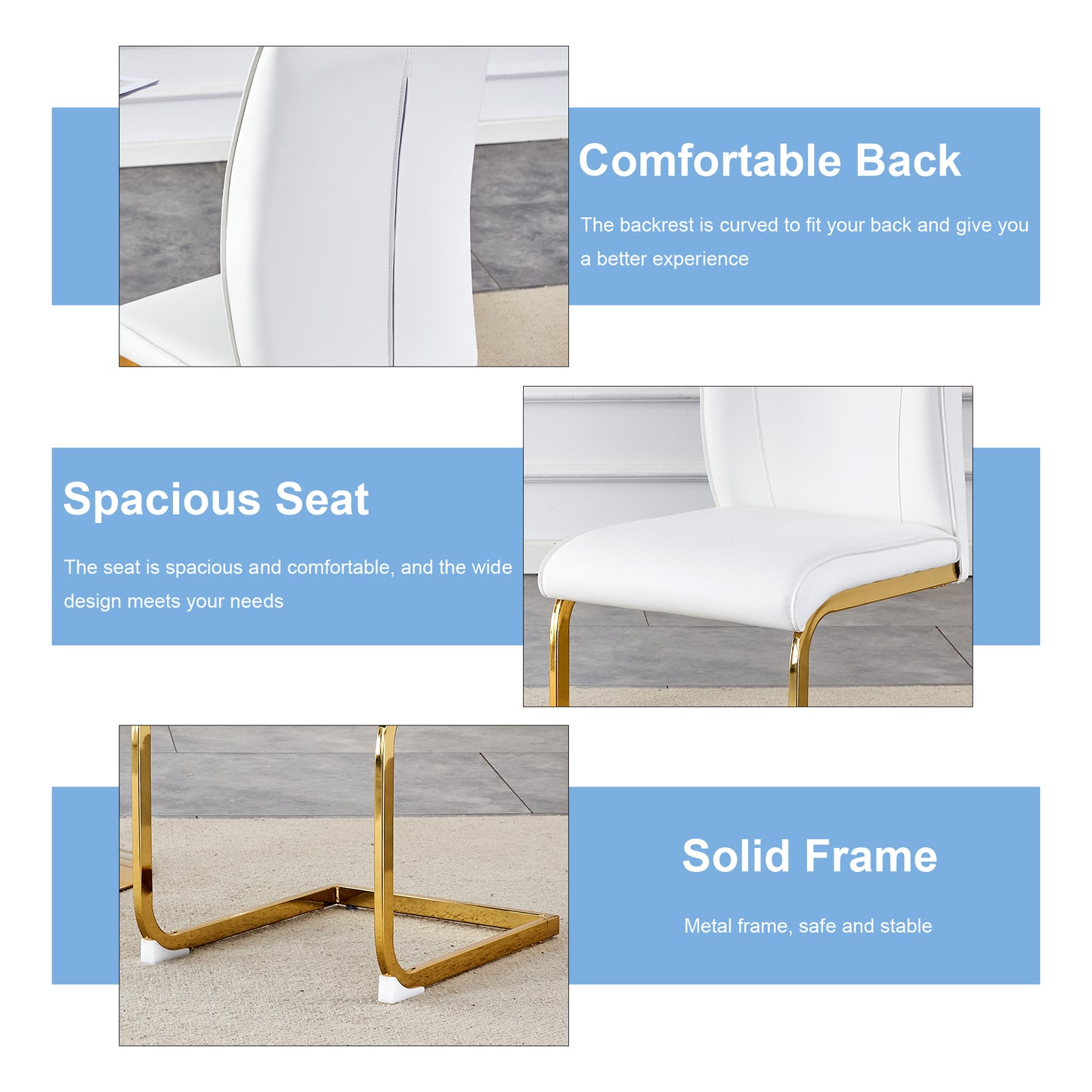 Closeup of a white leather dining chairs curved backrest and gold metal legs