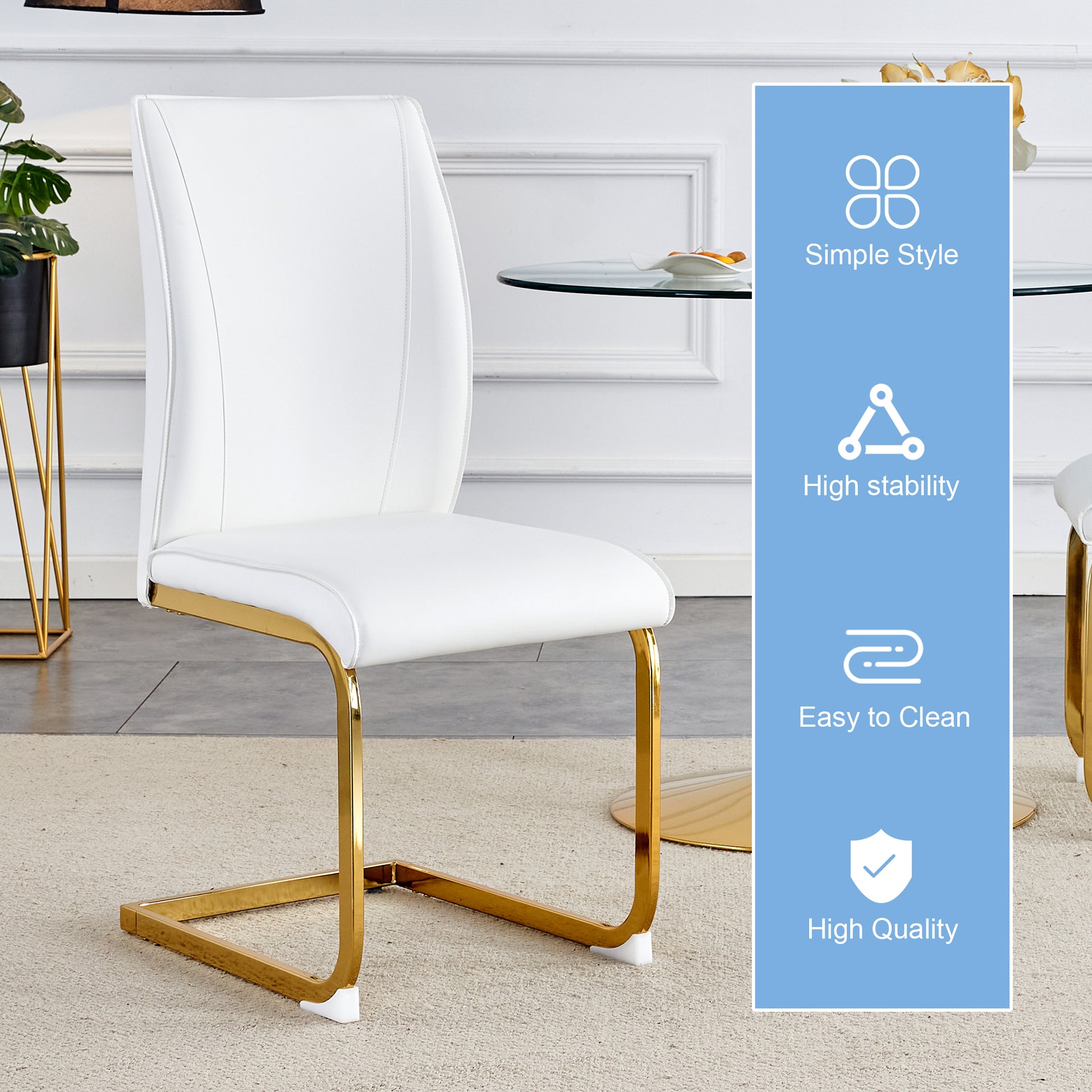 White faux leather dining chair with modern gold metal legs perfect for a sleek aesthetic