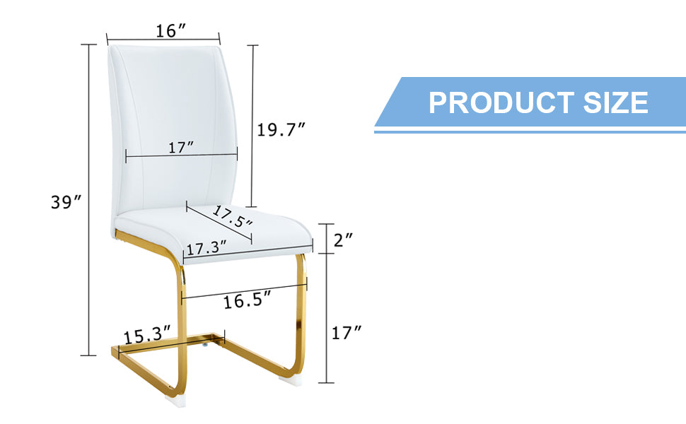 White upholstered dining chair with gold metal sled base dimensions indicated