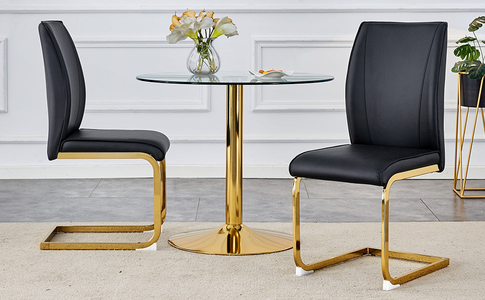 Black faux leather dining chair with sleek gold cantilever legs modern design